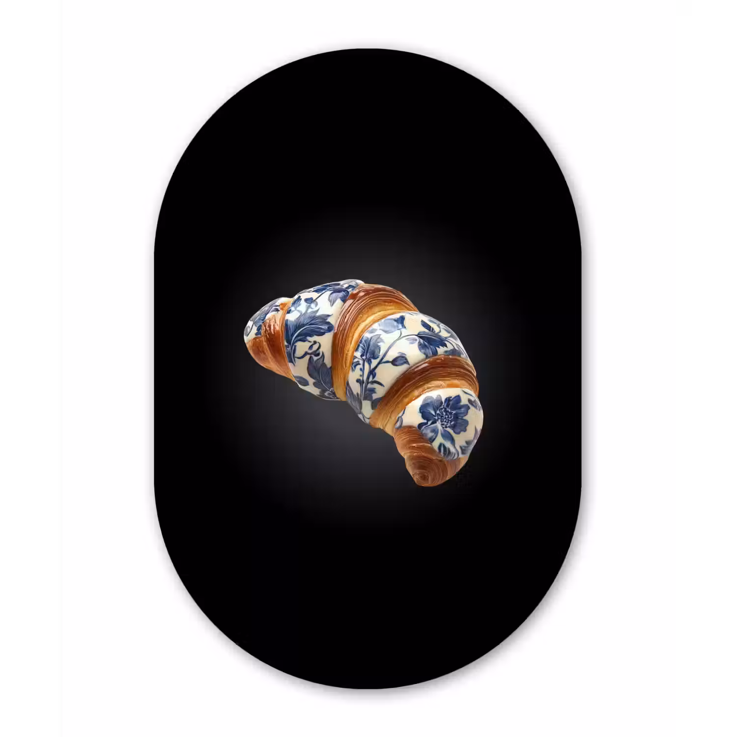 Croissant - Bloemenpatroon - Delftsblauw Wandcirkel Ovaal Aluminium middel -3d