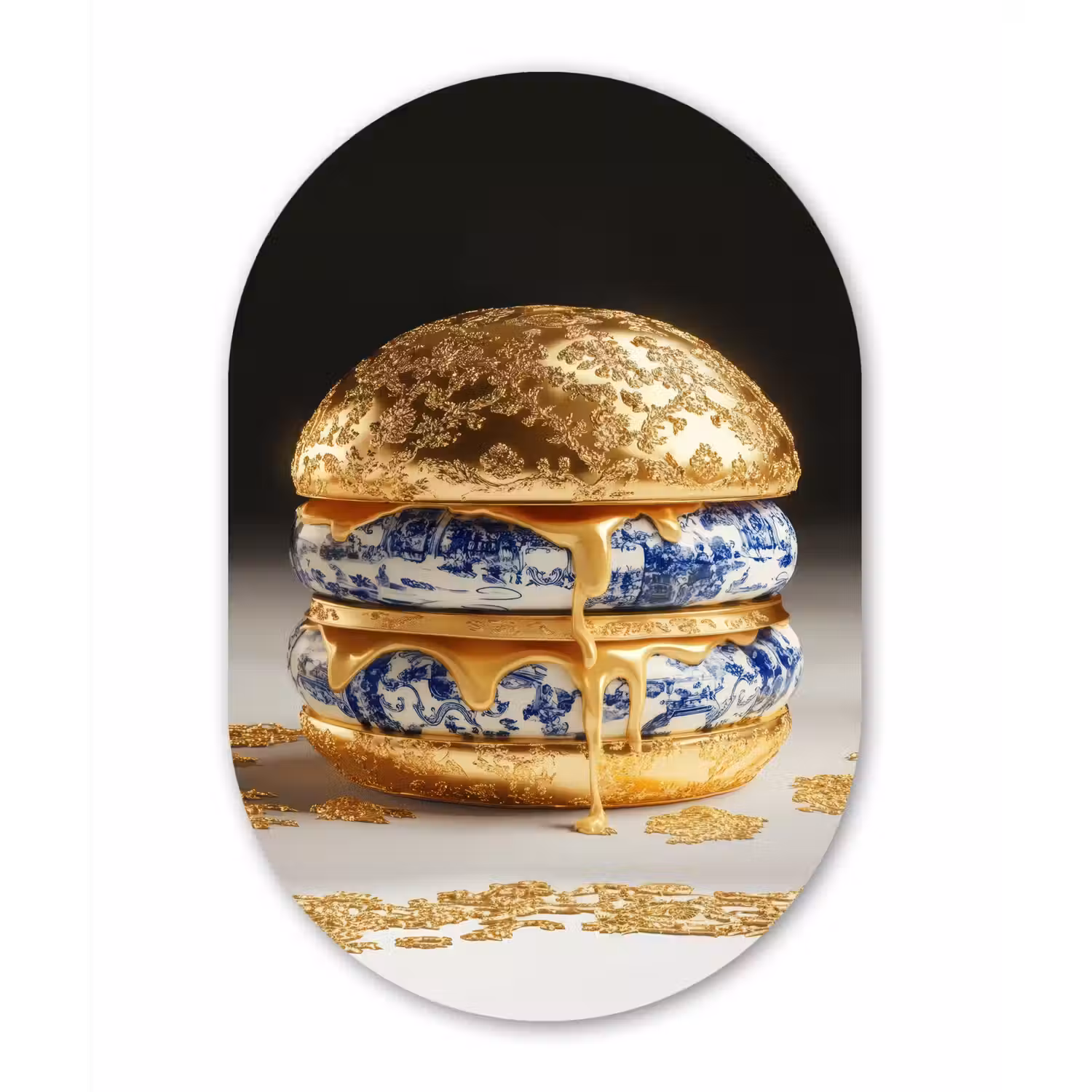 Delftsblauw - Goud - Burger Wandcirkel Ovaal Aluminium middel -3d
