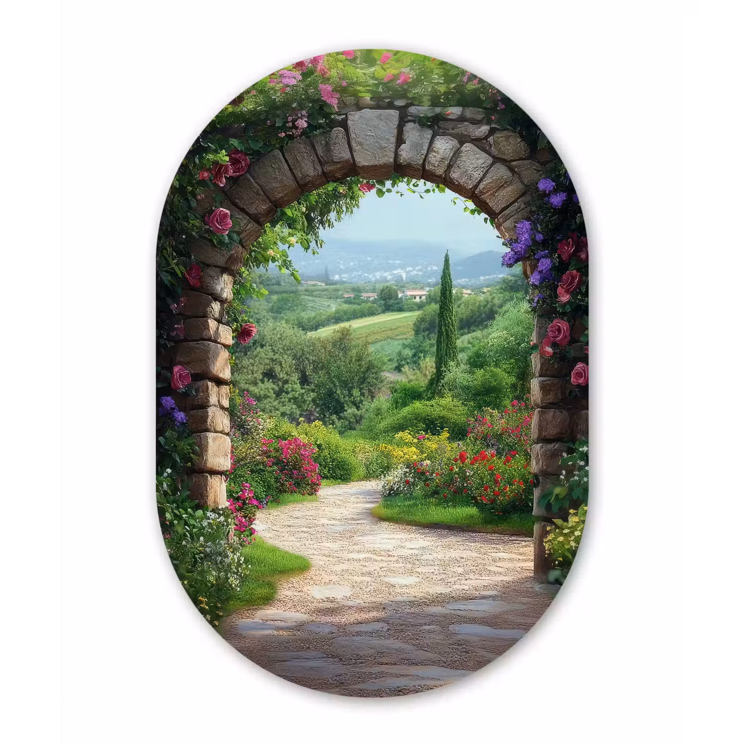 Doorkijk - Landschap - Bloemen - Pad - Uitzicht Wandcirkel Ovaal Aluminium middel -3d