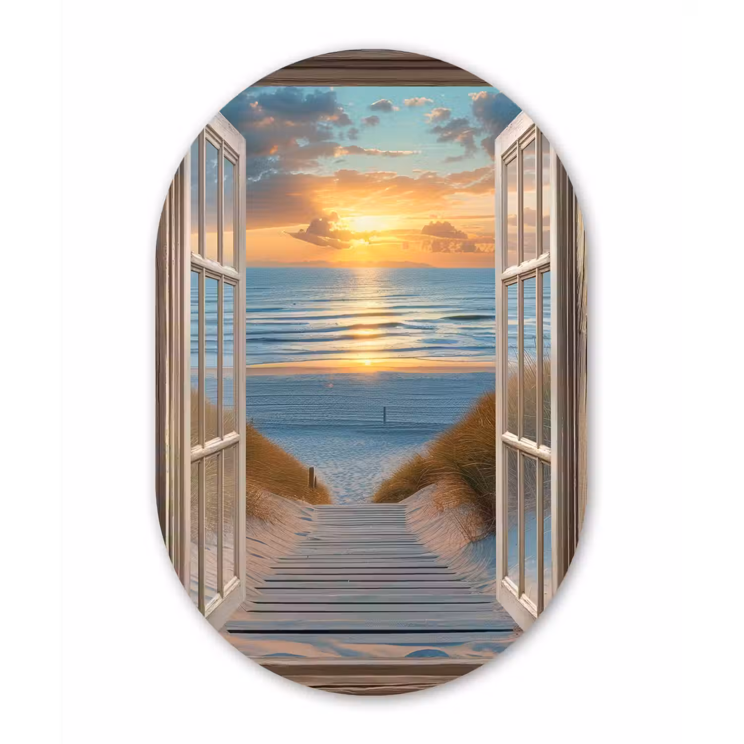 Doorkijk - Strand - Pad - Zonsondergang Wandcirkel Ovaal Aluminium middel -3d