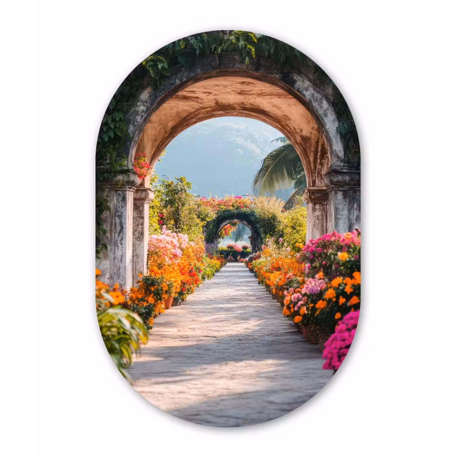 Doorkijk - Bloemen - Tropisch - Kleurrijk Wandcirkel Ovaal Aluminium middel -3d