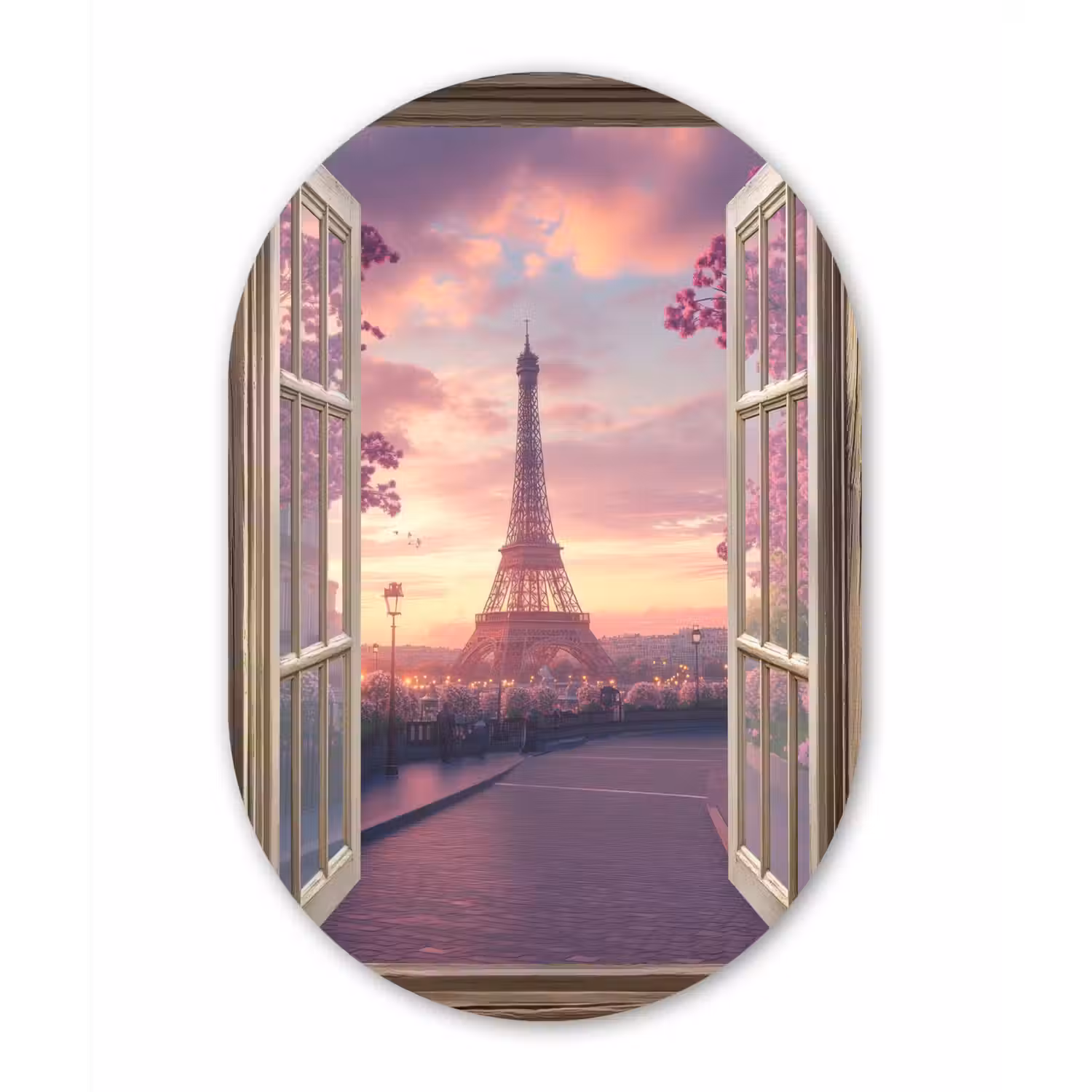 Doorkijk - Parijs - Eiffeltoren - Roze - Kersenbloesem Wandcirkel Ovaal Aluminium middel -3d