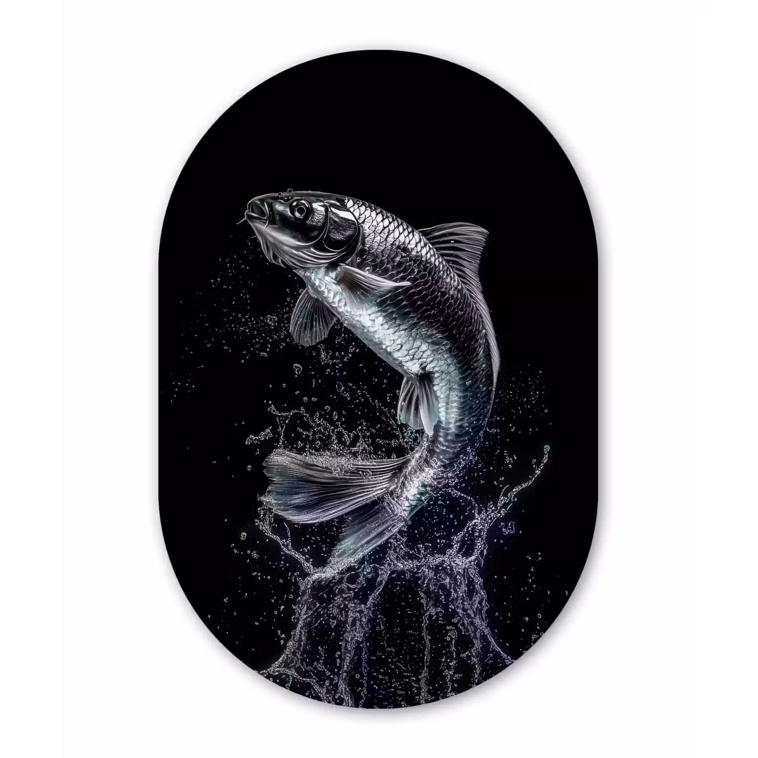 Vis - Koi - Zwart - Water Wandcirkel Ovaal Aluminium middel -3d