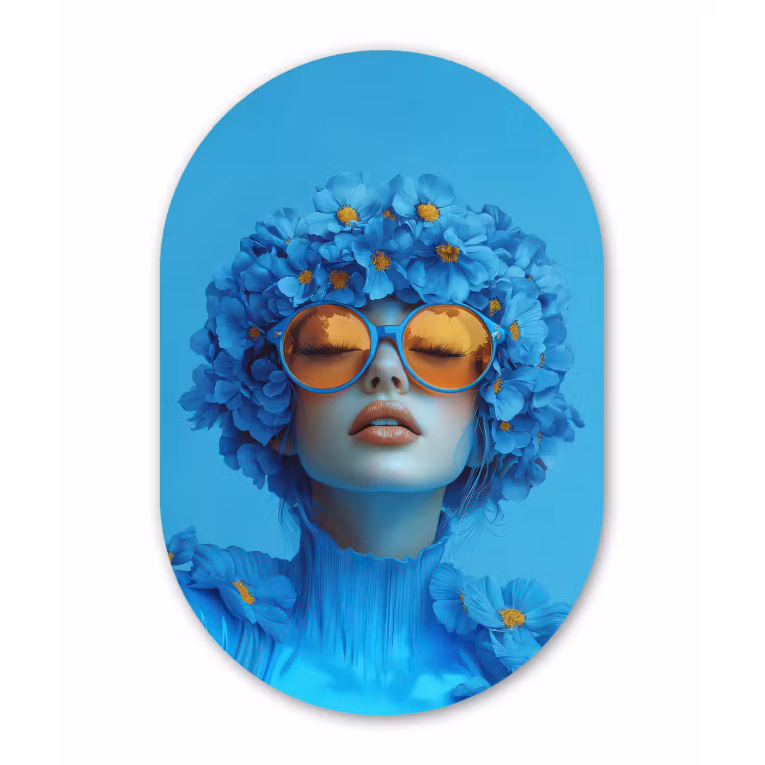 Vrouw - Bloem - Blauw - Modern - Bril - Portret Wandcirkel Ovaal Aluminium middel -3d
