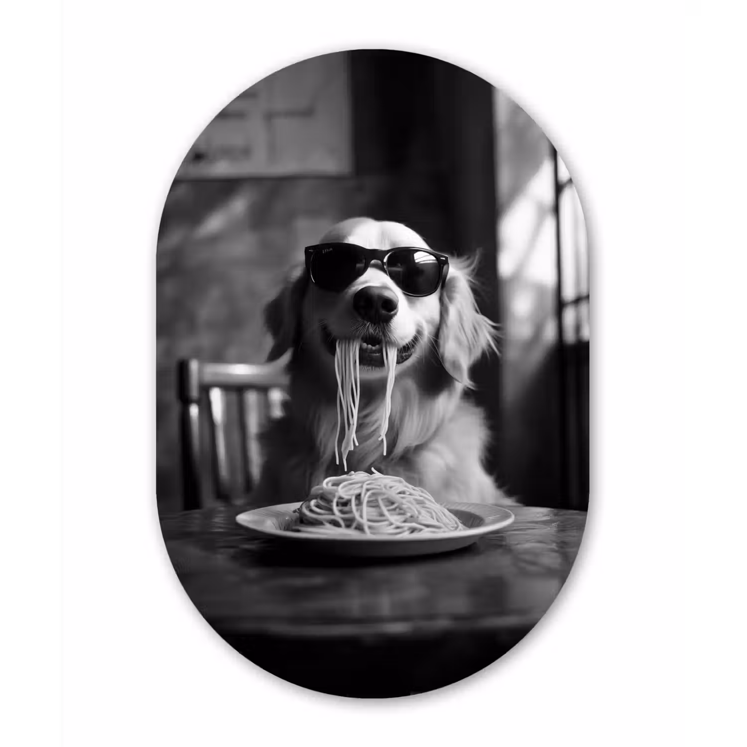 Golden Retriever - Hond - Vrolijk - Bord spaghetti - Zwart - wit Wandcirkel Ovaal Aluminium middel -3d
