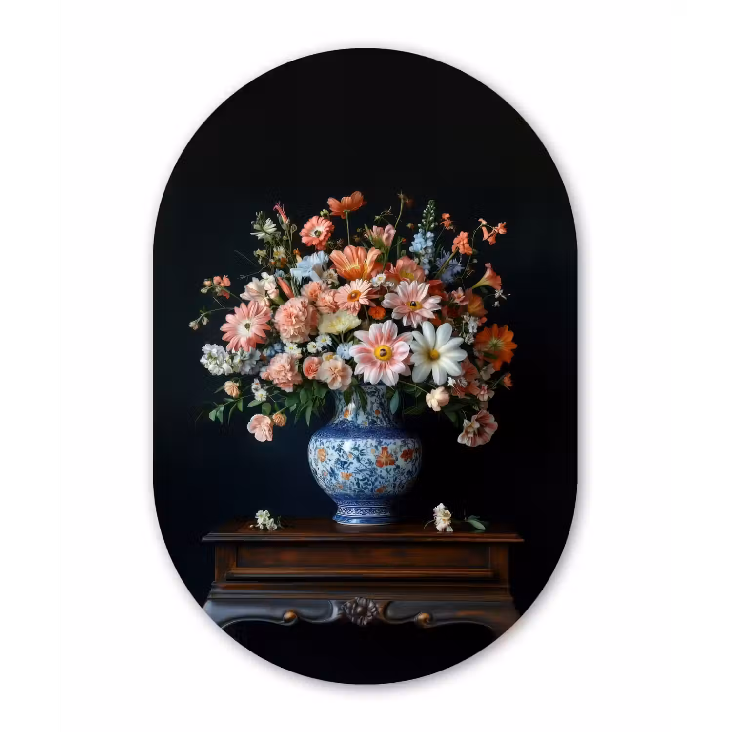 Hout - Vaas - Kleuren - Bloemen Wandcirkel Ovaal Aluminium middel -3d