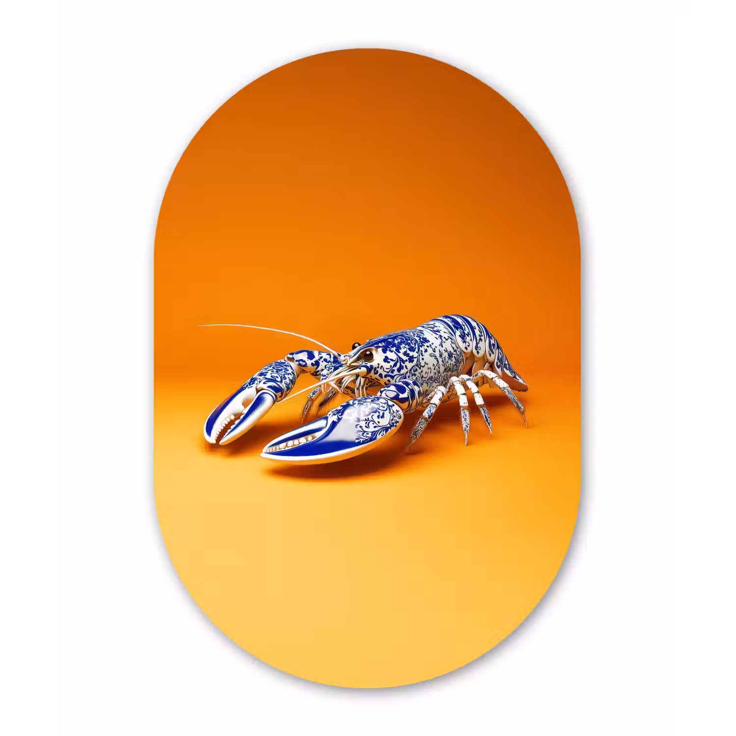 Kreeft - Delftsblauw - Schild - Stoer - Oranje Wandcirkel Ovaal Aluminium middel -3d