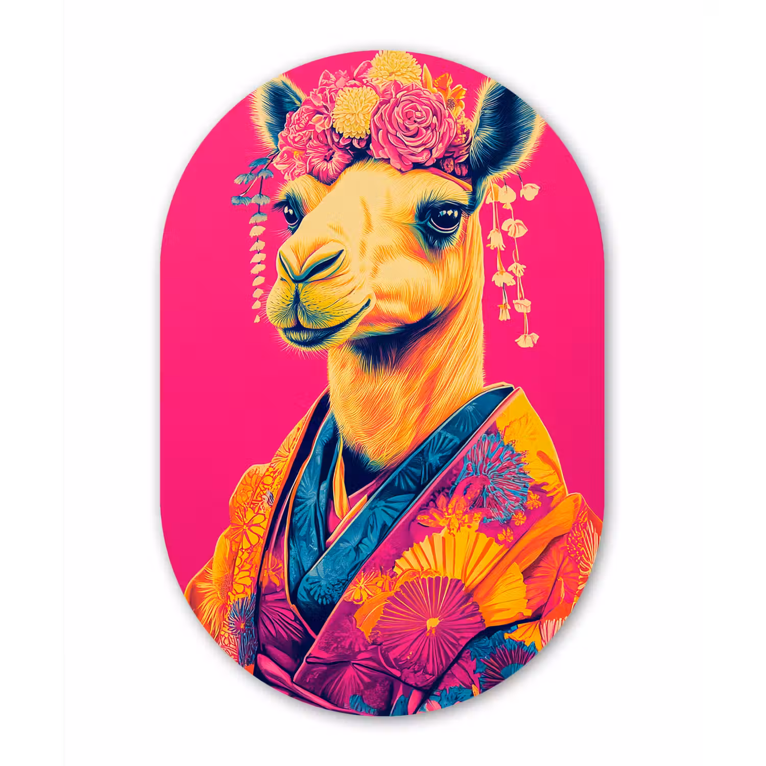 Kameel - Bloemen - Kimono - Waaiers Wandcirkel Ovaal Aluminium middel -3d