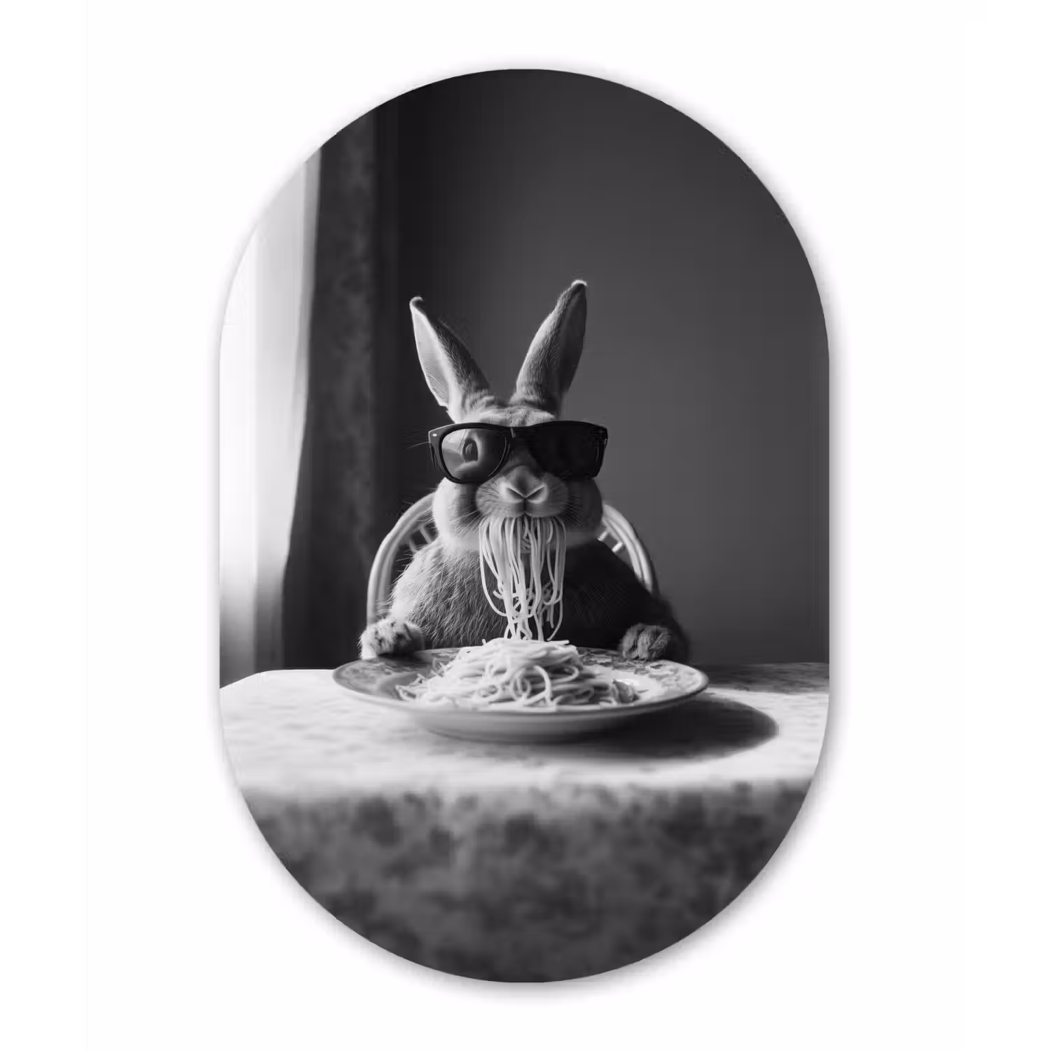 Konijn - Bunny - Zonnebril - Tafelkleed - Pasta - Schattig Wandcirkel Ovaal Aluminium middel -3d