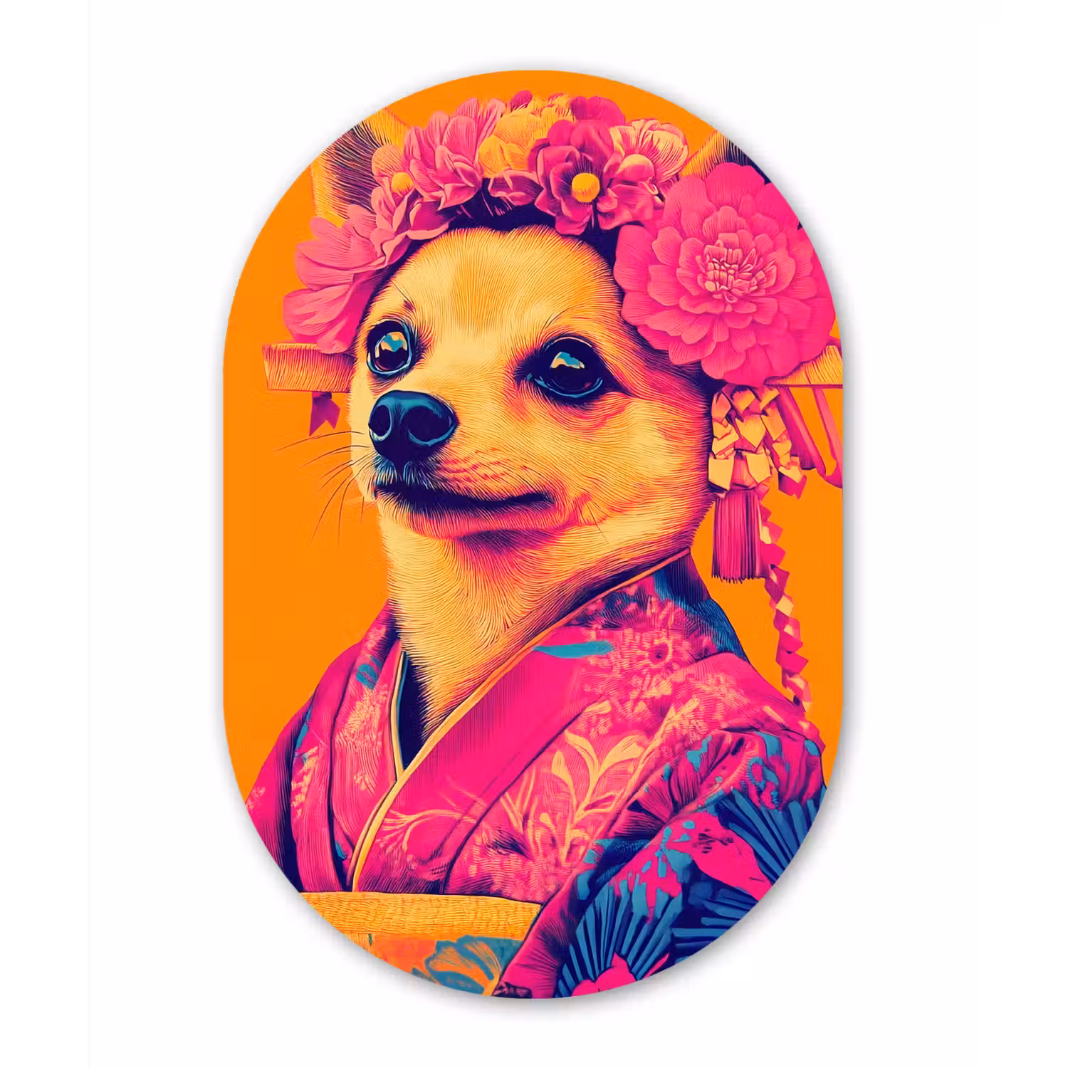 Kimono - Hondje - Bloemenkroon - Oranje Wandcirkel Ovaal Aluminium middel -3d
