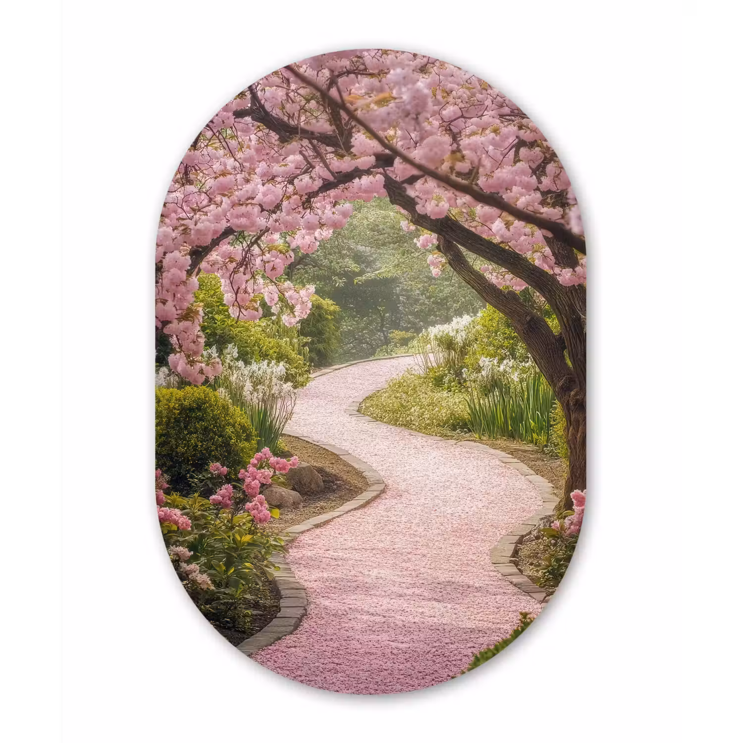 Kersenbloesem - Natuur - Sakura - Pad - Japanse tuin Wandcirkel Ovaal Aluminium middel -3d