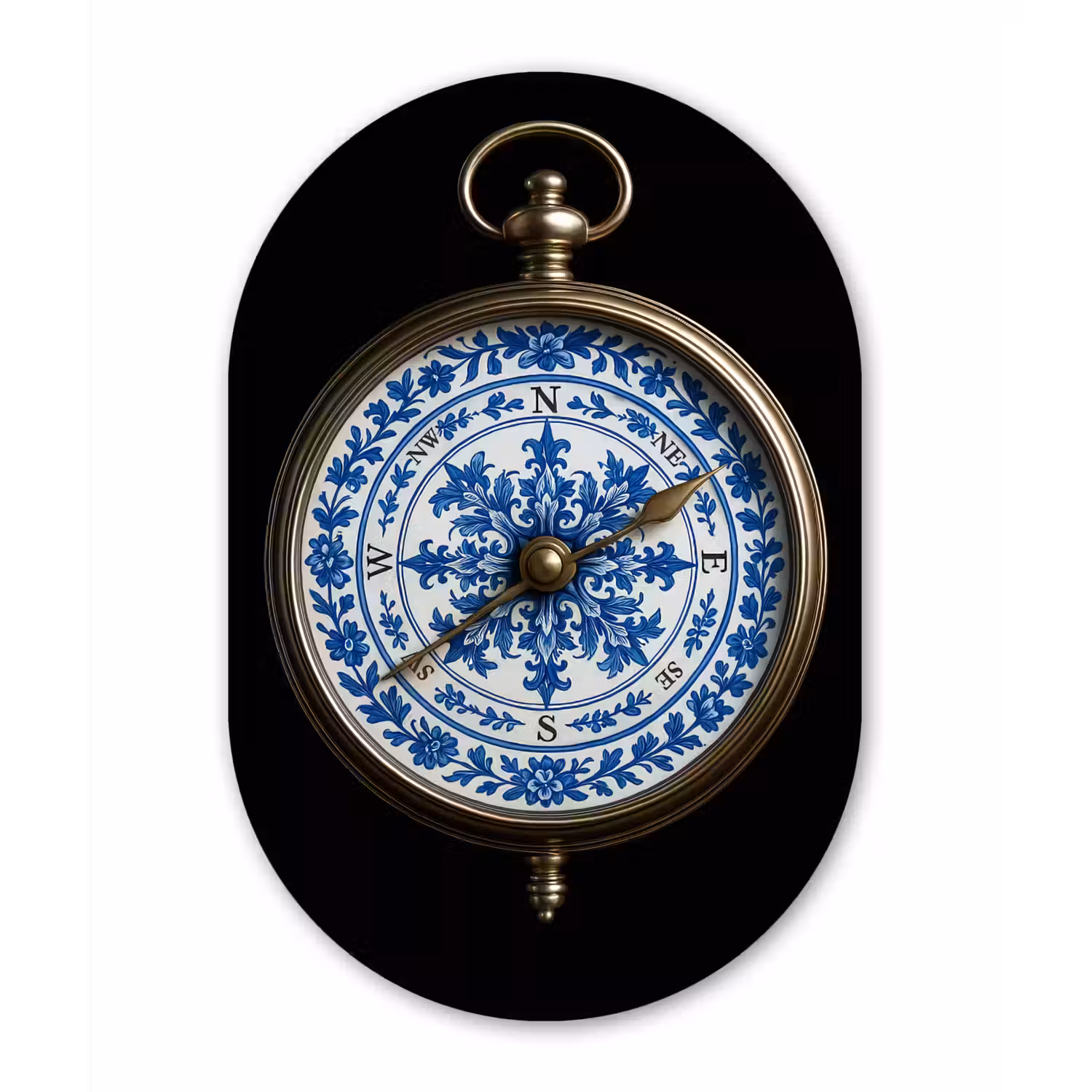 Kompas - Delfts blauw - Zwart Wandcirkel Ovaal Aluminium middel -3d
