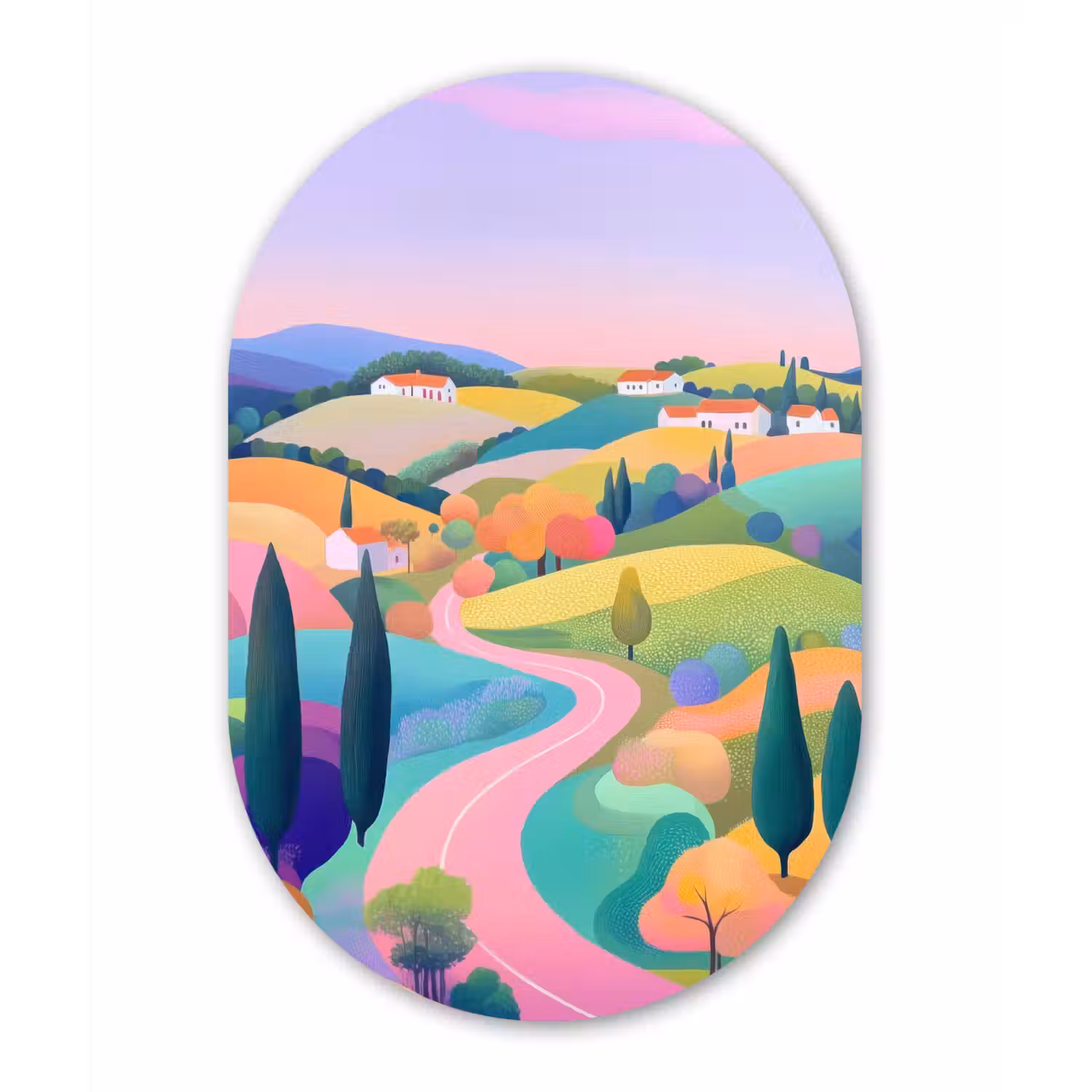 Landschap - Paars - Pastel - Huizen Wandcirkel Ovaal Aluminium middel -3d