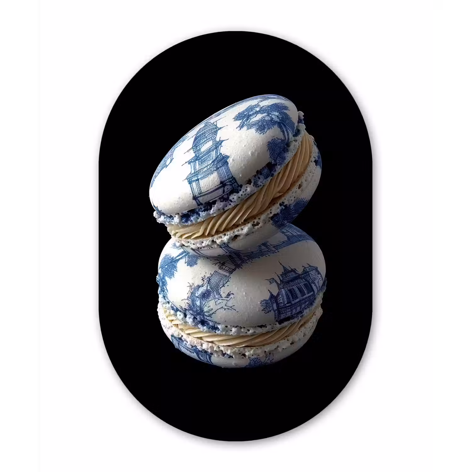 Eten - Macarons - Delfts blauw - Koekjes Wandcirkel Ovaal Aluminium middel -3d