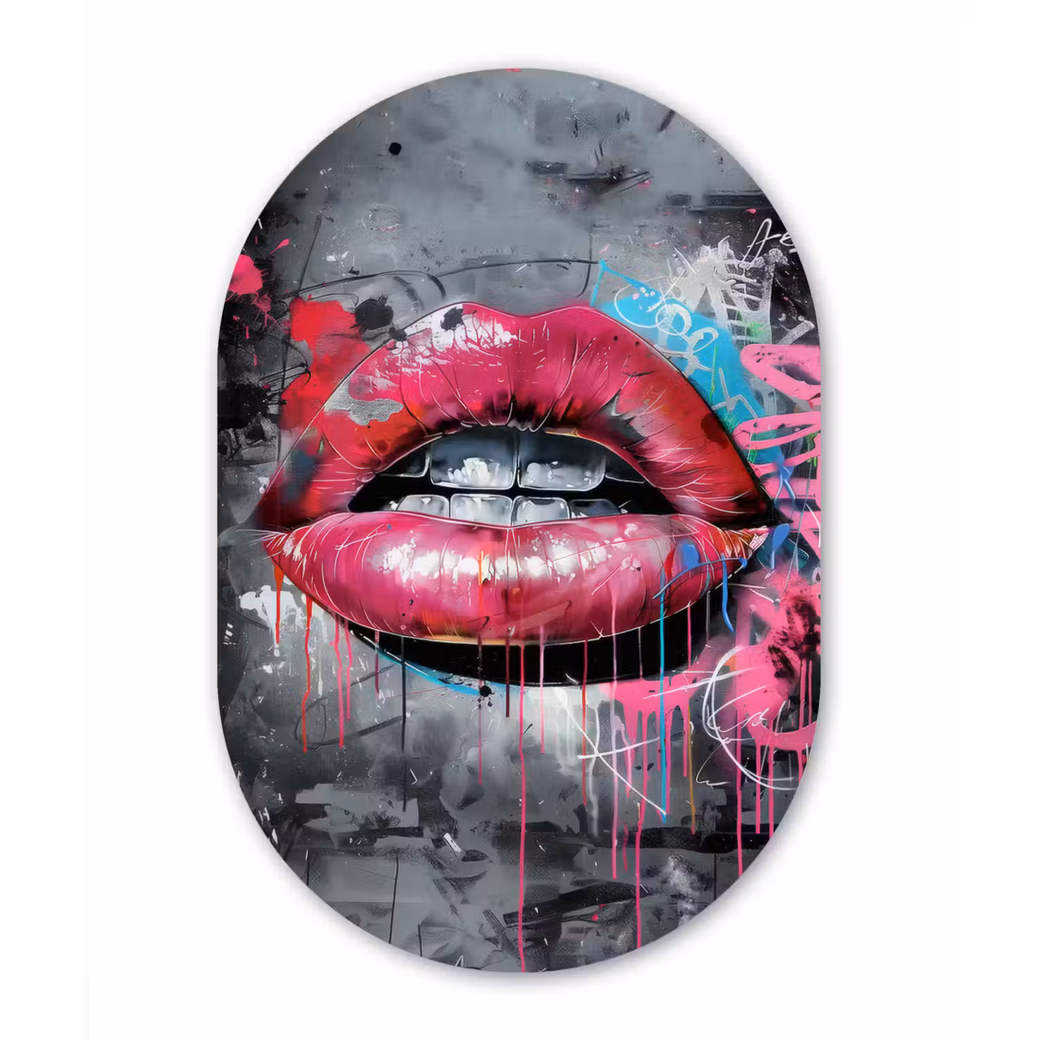 Lippen - Felroze - Graffiti - Verfstrepen Wandcirkel Ovaal Aluminium middel -3d