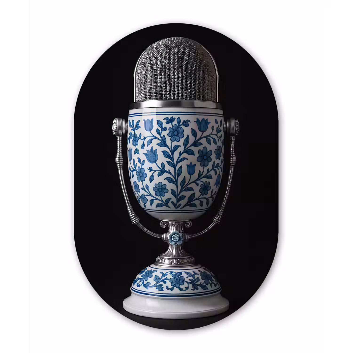 Microfoon - Delfts blauw - Muziek Wandcirkel Ovaal Aluminium middel -3d