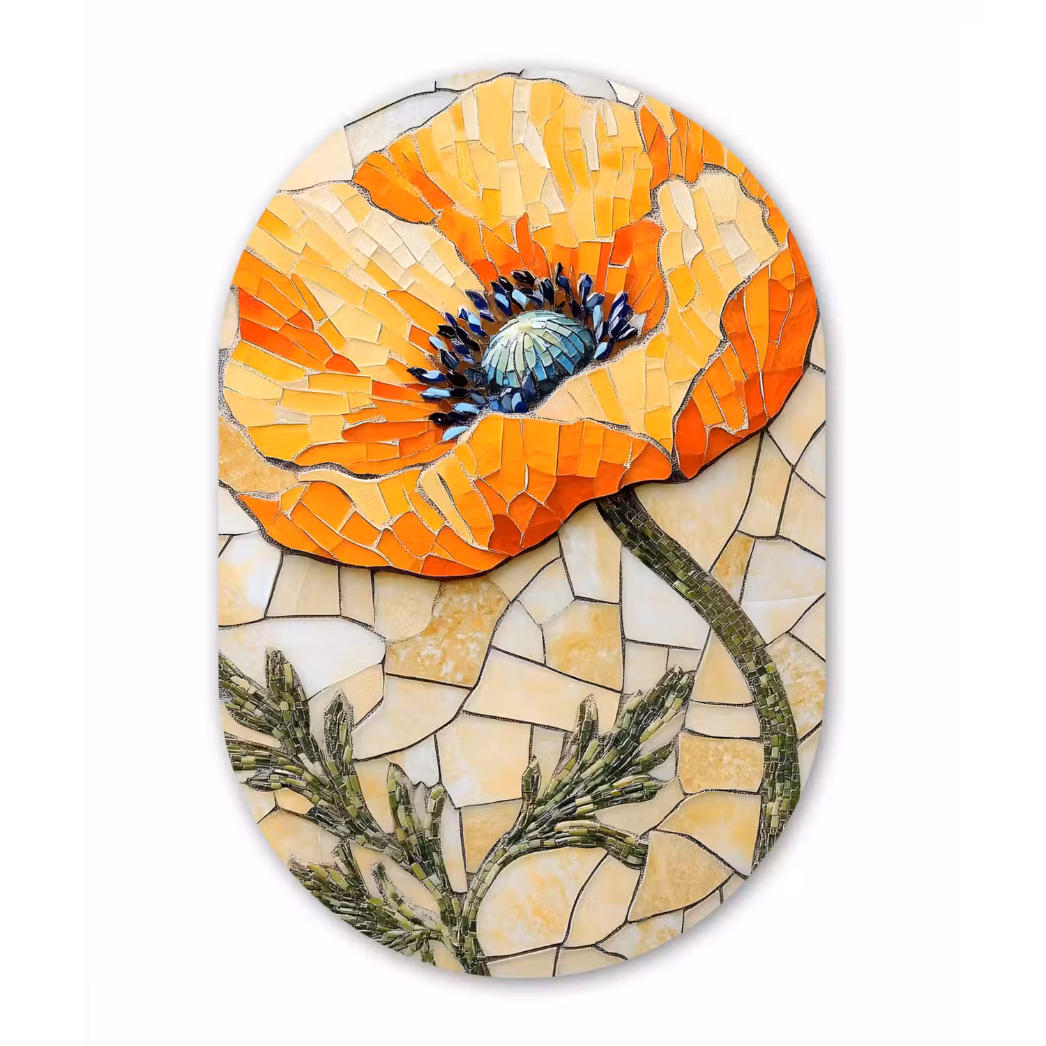 Klaprozen - Oranje - Mozaïek - Bladeren Wandcirkel Ovaal Aluminium middel -3d