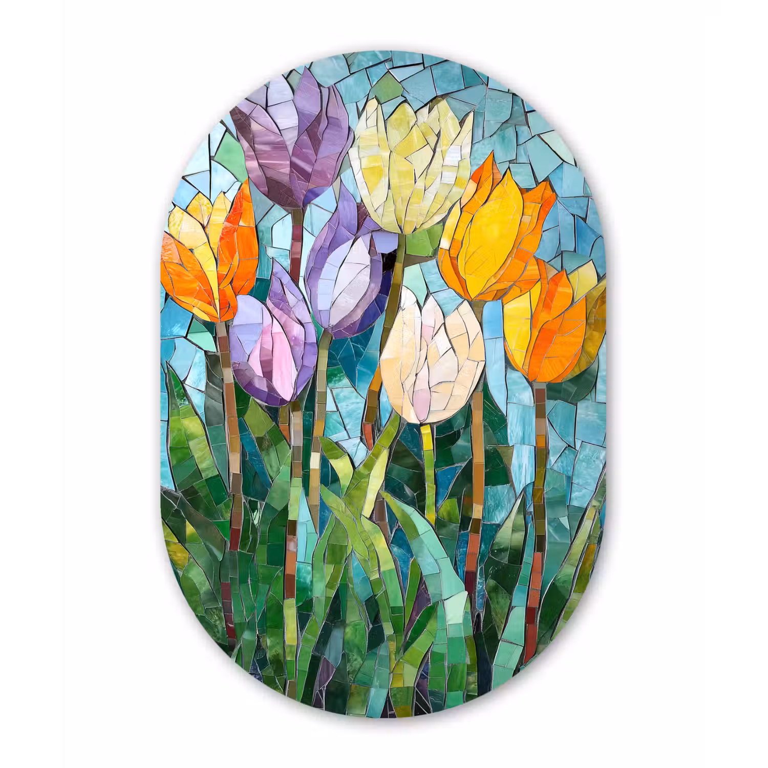 Mozaïek - Veld - Tulpen - Kleurrijk Wandcirkel Ovaal Aluminium middel -3d
