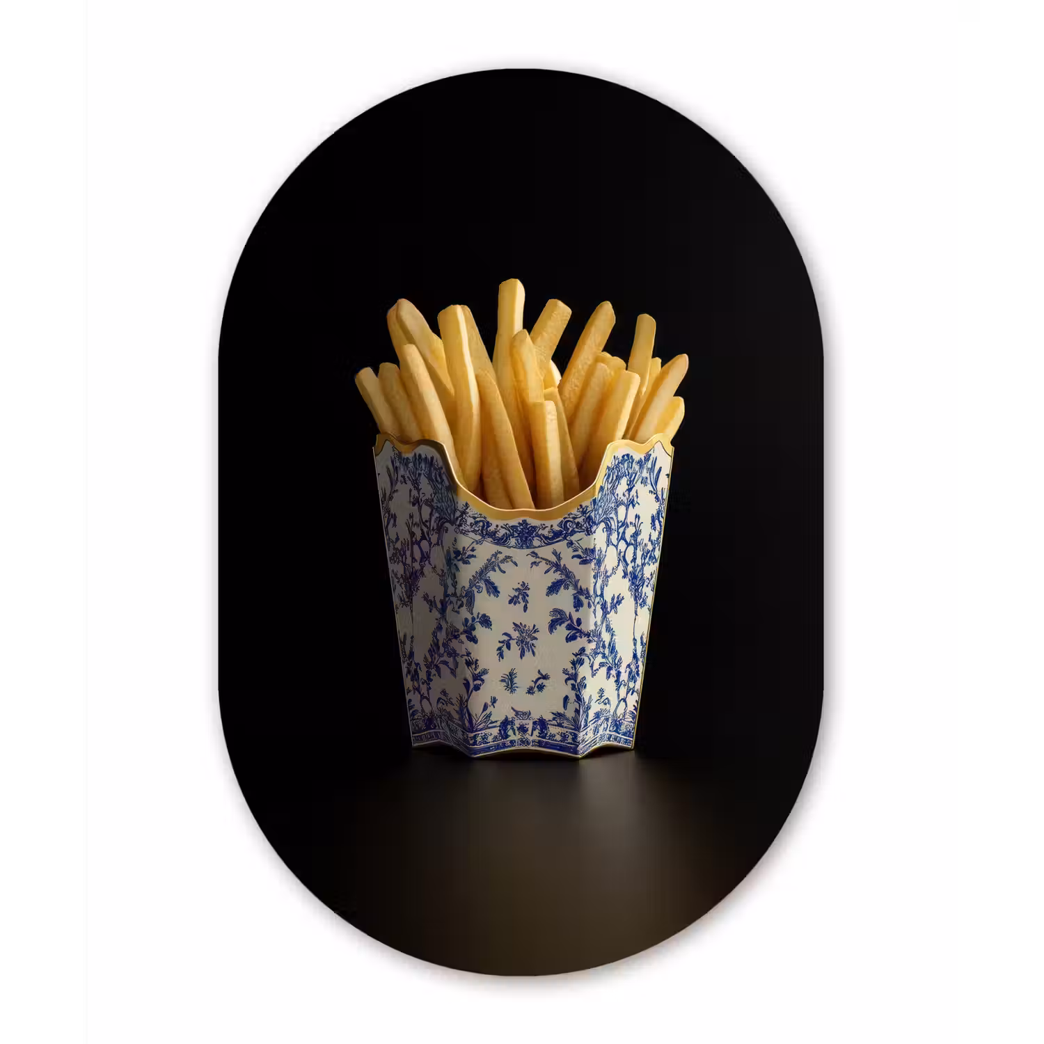 Friet - Porselein - Delfts blauw - Eten Wandcirkel Ovaal Aluminium middel -3d