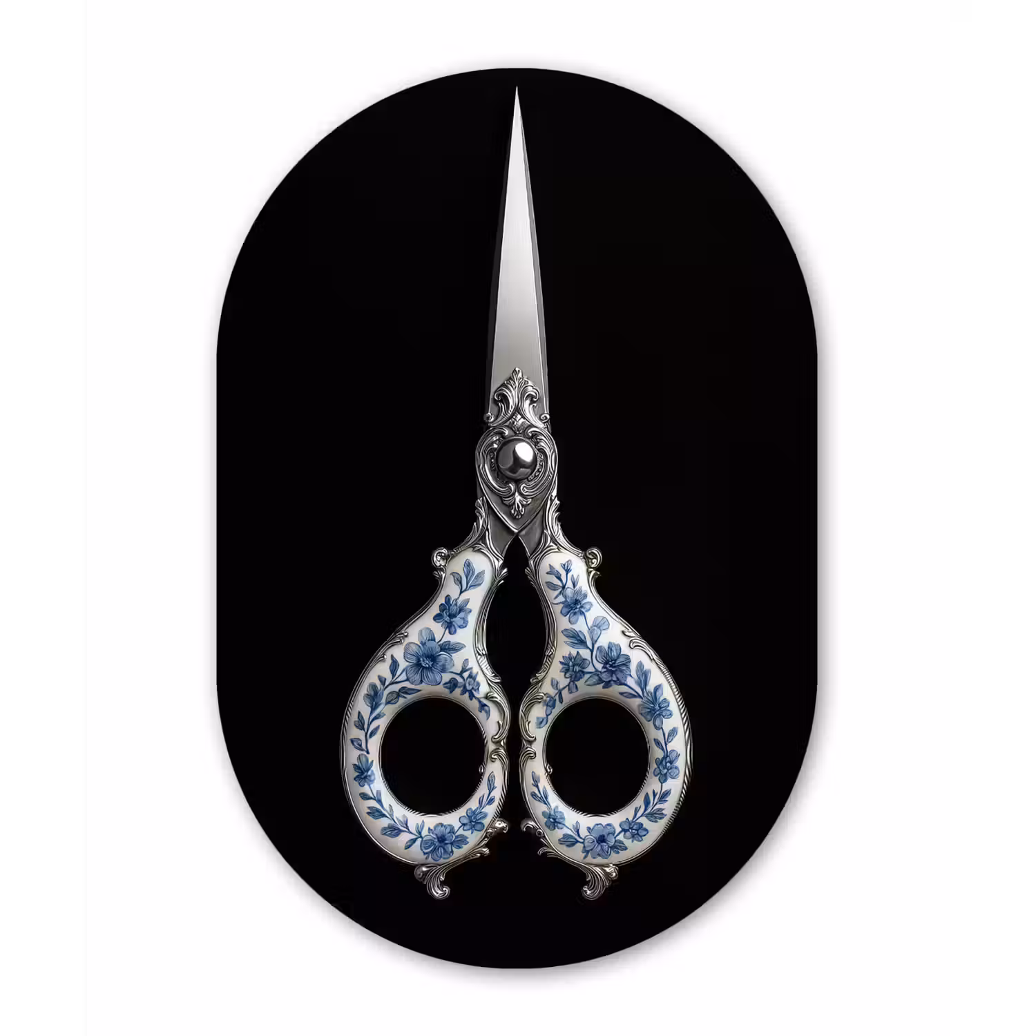 Schaar - Delfts blauw - Zwart Wandcirkel Ovaal Aluminium middel -3d
