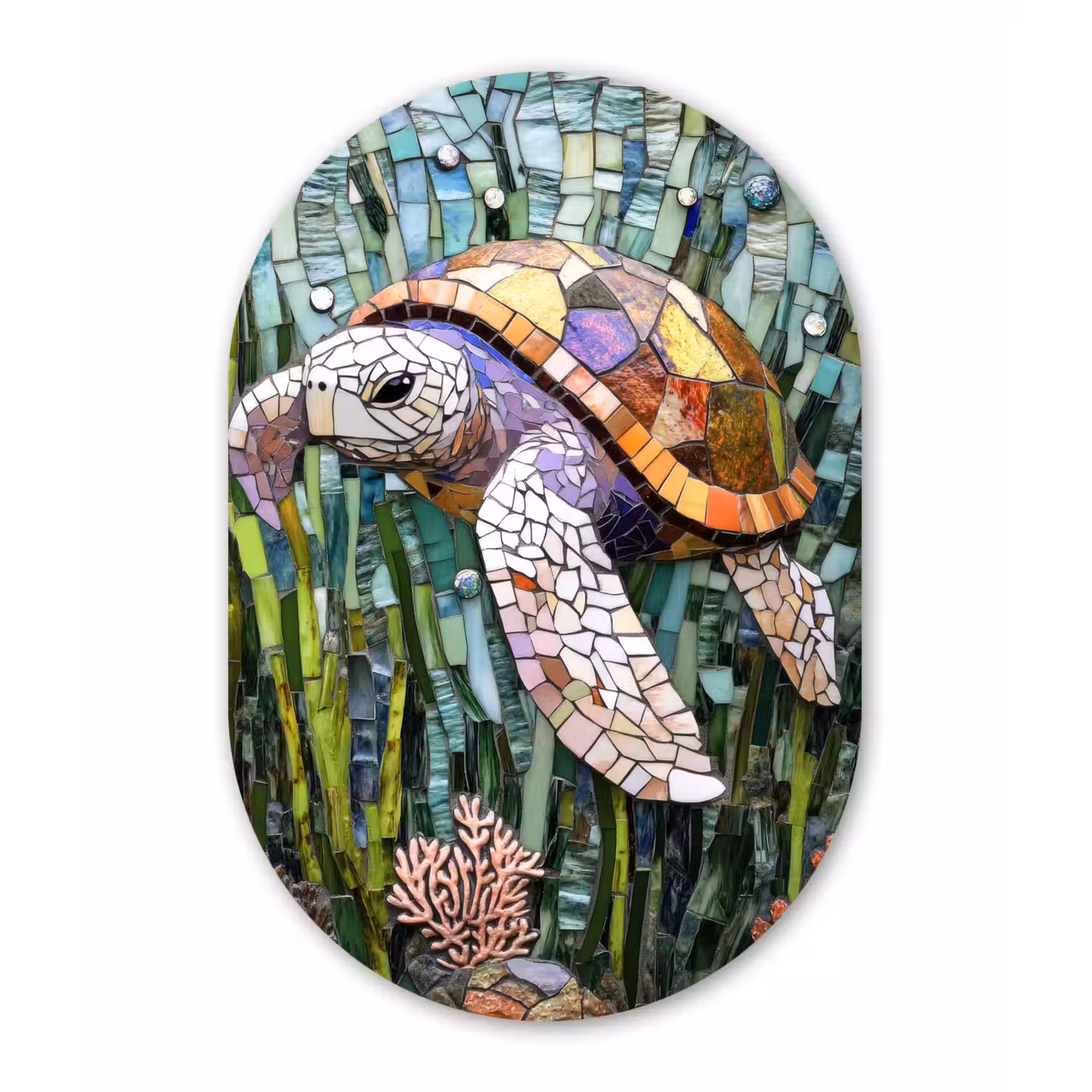 Schildpad - Zeewier - Mozaïek Wandcirkel Ovaal Aluminium middel -3d