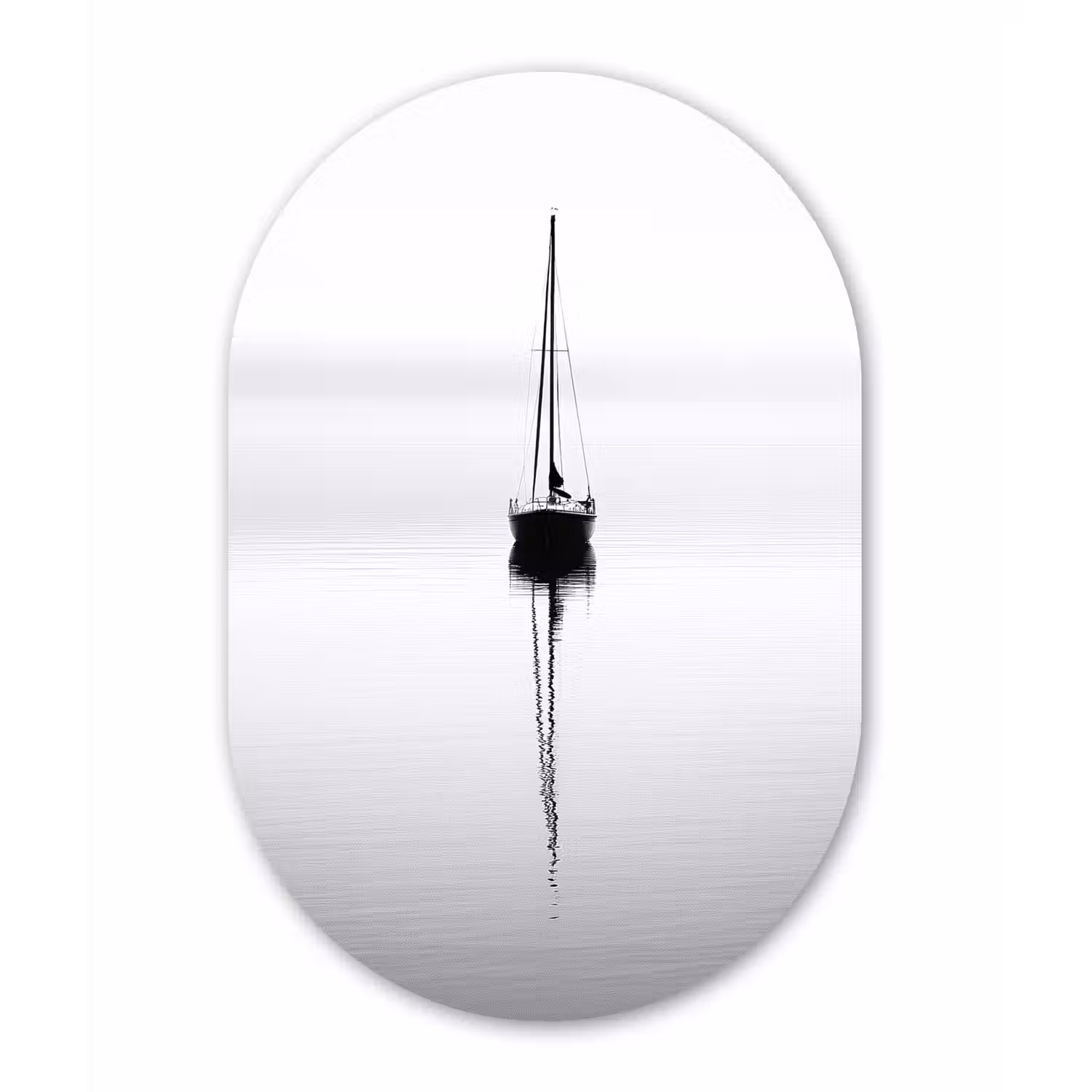 Zeilboot - Zwart - Water - Silhouet Wandcirkel Ovaal Aluminium middel -3d