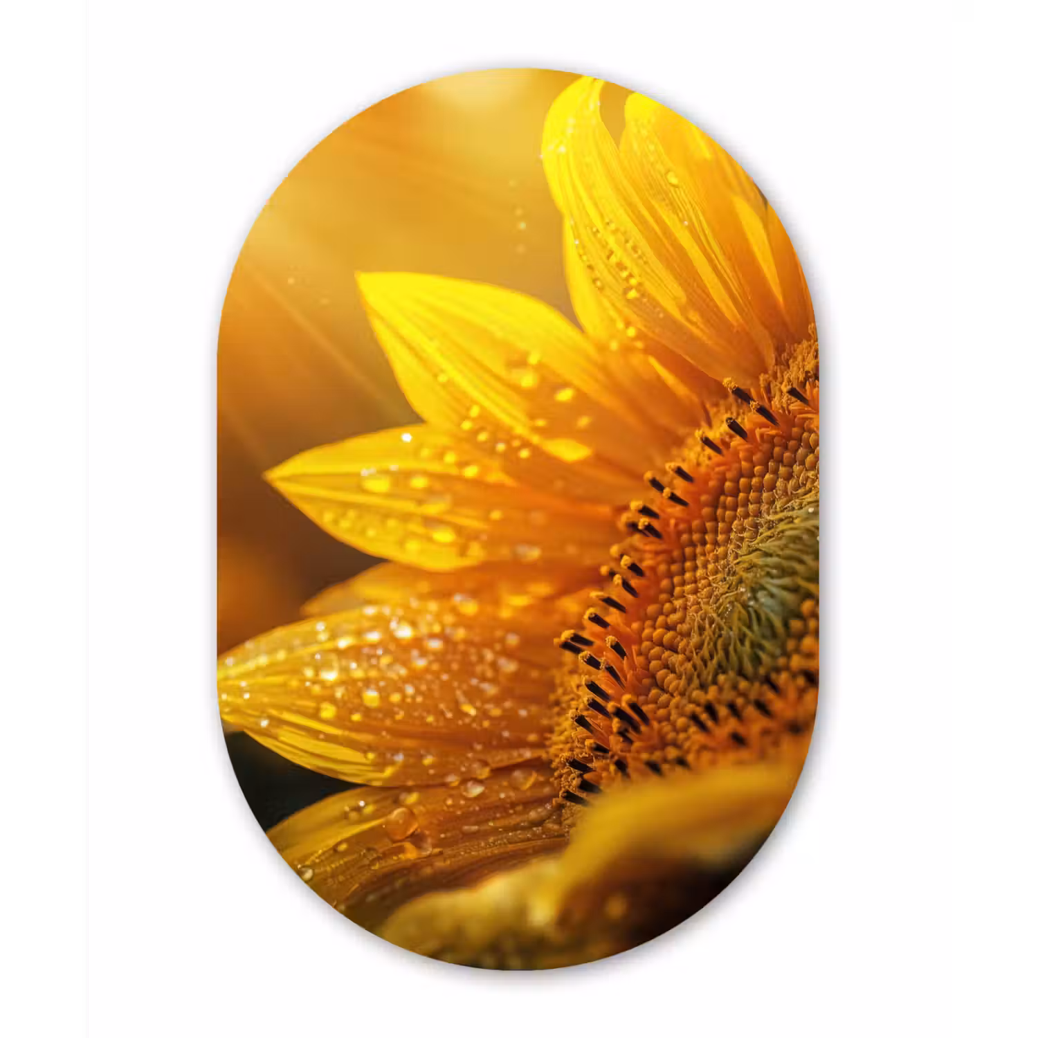 Zonnebloem - Dauwdruppels - Geel - Zonlicht Wandcirkel Ovaal Aluminium middel -3d