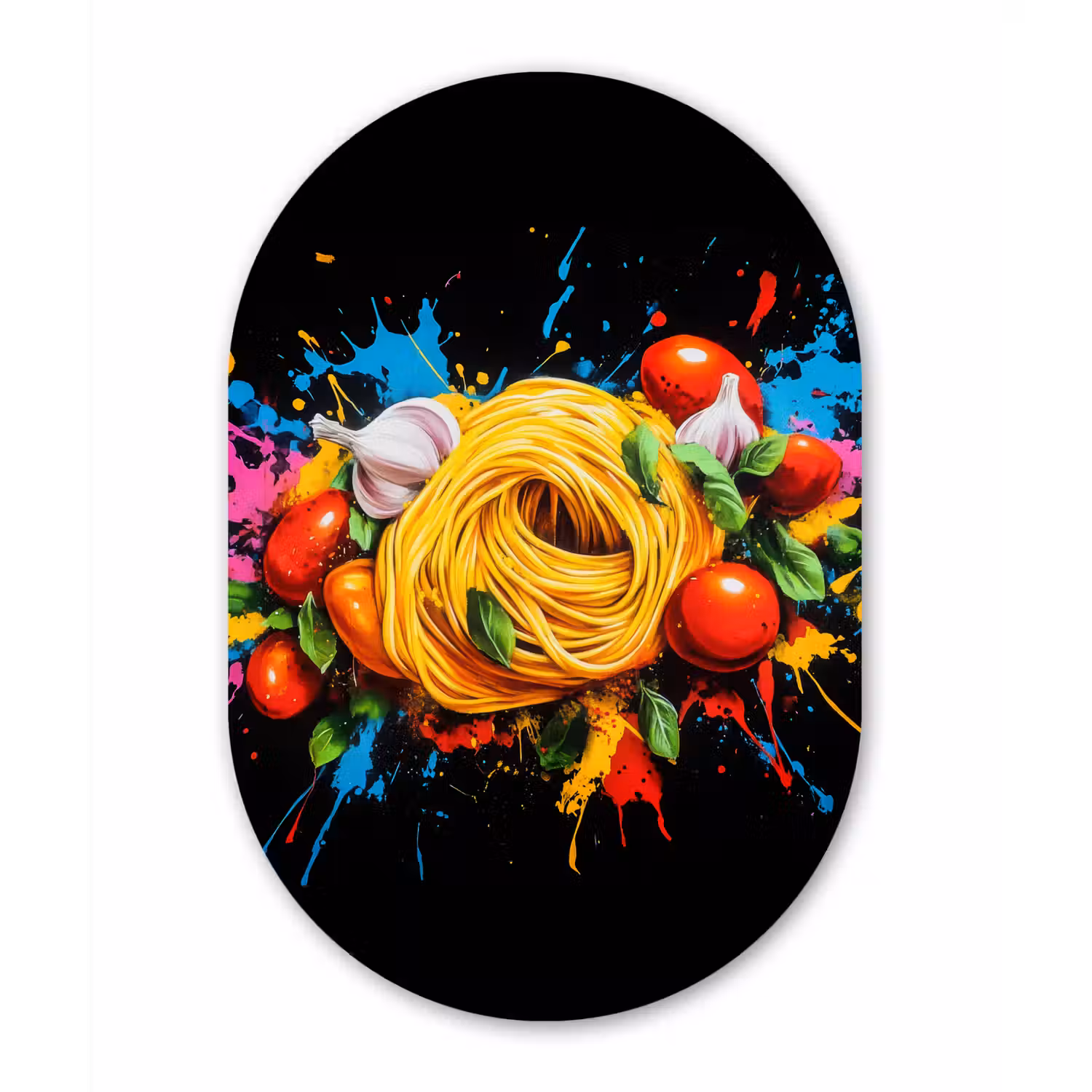 Spaghetti - Graffiti - Verf - Kleurrijk - Eten - Modern Wandcirkel Ovaal Aluminium middel -3d