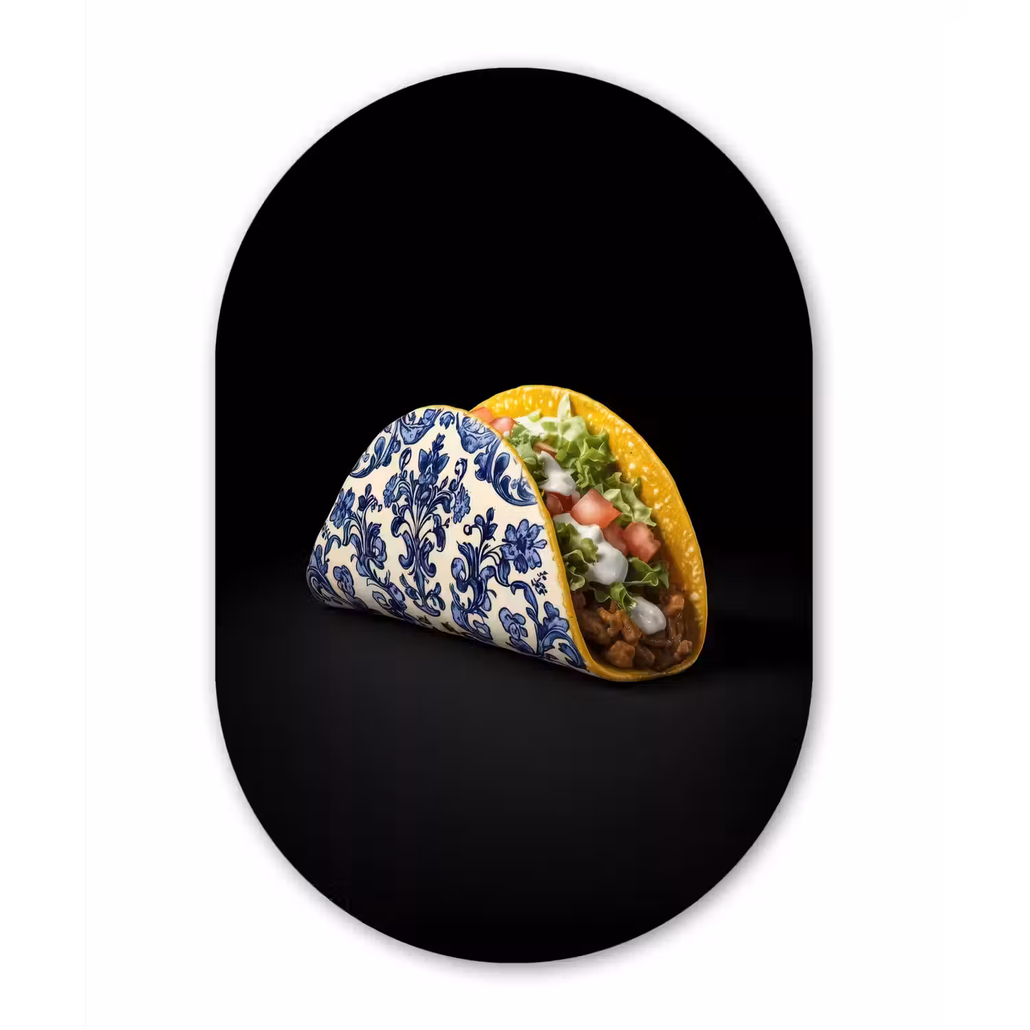 Taco - Vlees - Salade - Delftsblauw - Motief Wandcirkel Ovaal Aluminium middel -3d