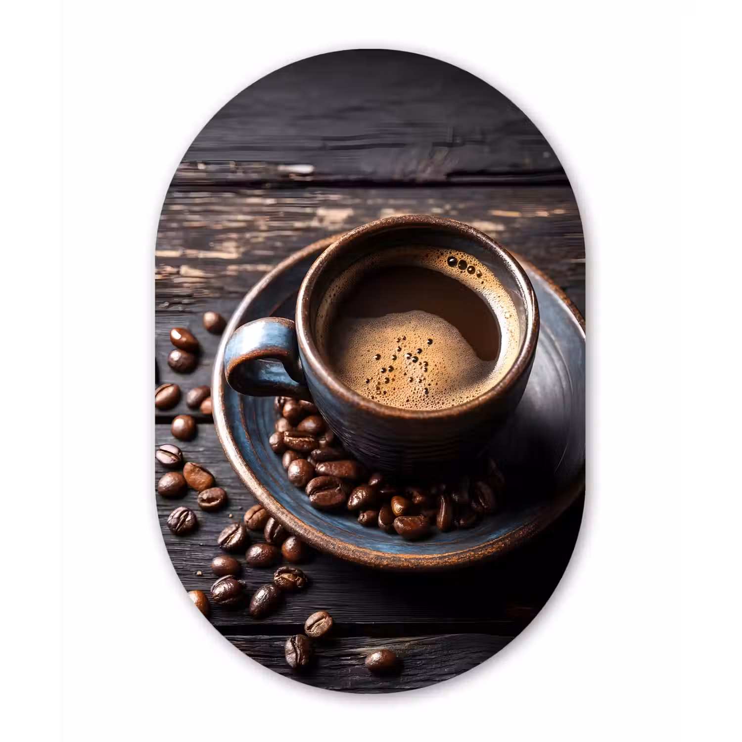 Kop - Koffie - Hout - Bonen Wandcirkel Ovaal Aluminium middel -3d