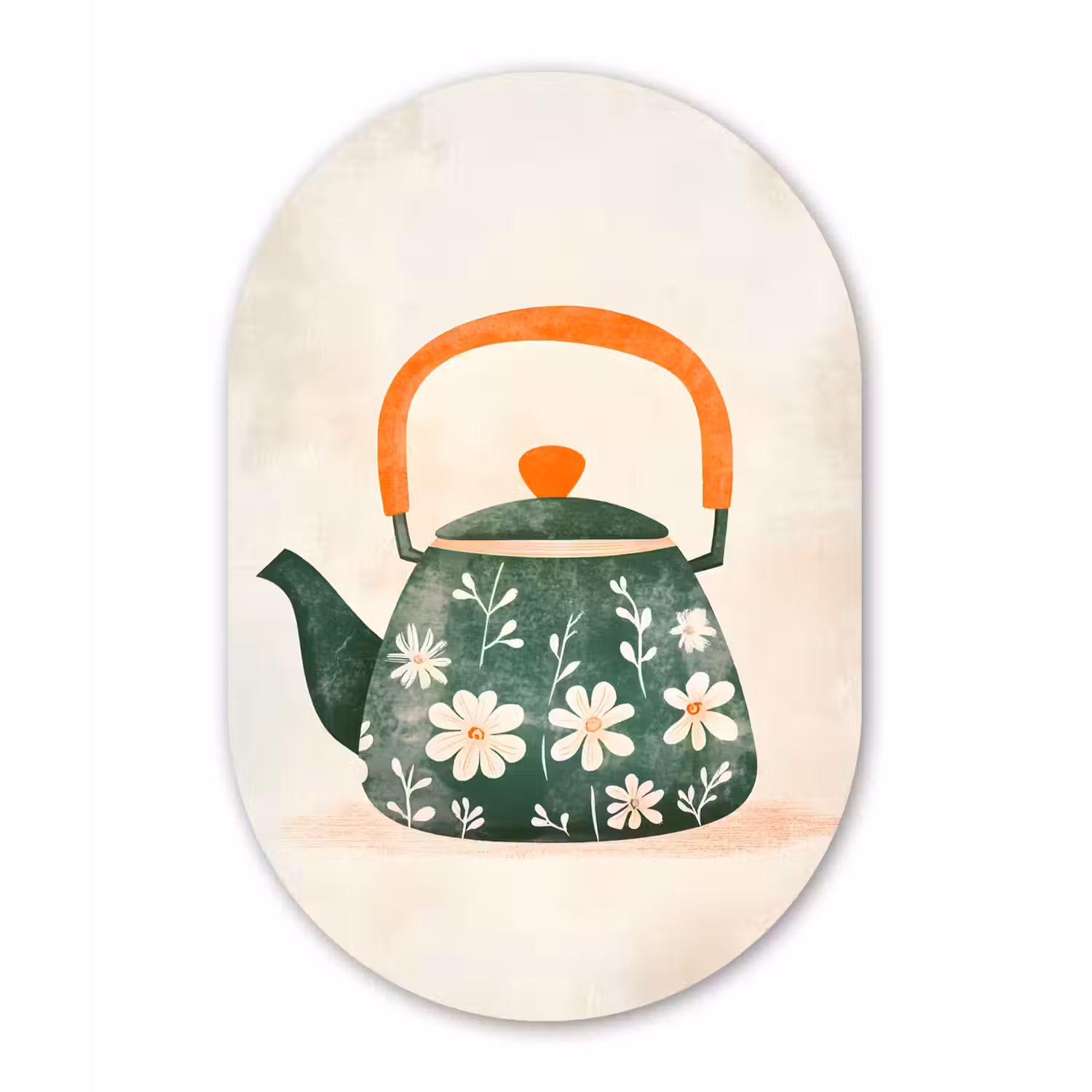 Theepot - Groen - Bloemen - Oranje Wandcirkel Ovaal Aluminium middel -3d