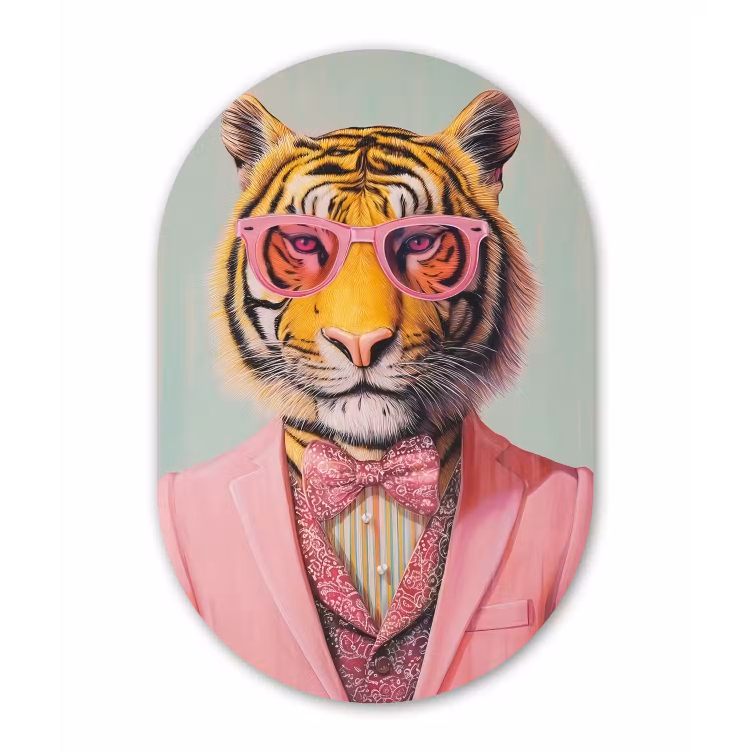 Tijger - Strik - Jasje - Roze Wandcirkel Ovaal Aluminium middel -3d