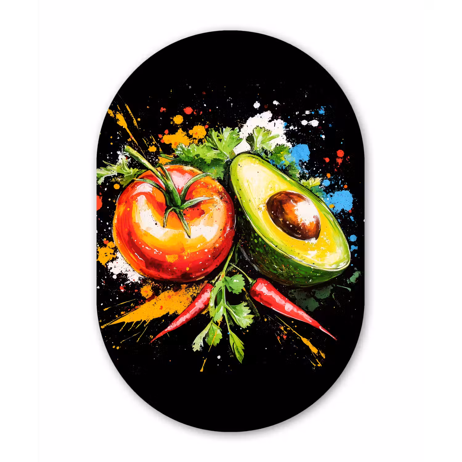 Tomaat - Avocado - Peper - Graffiti - Verf - Modern Wandcirkel Ovaal Aluminium middel -3d