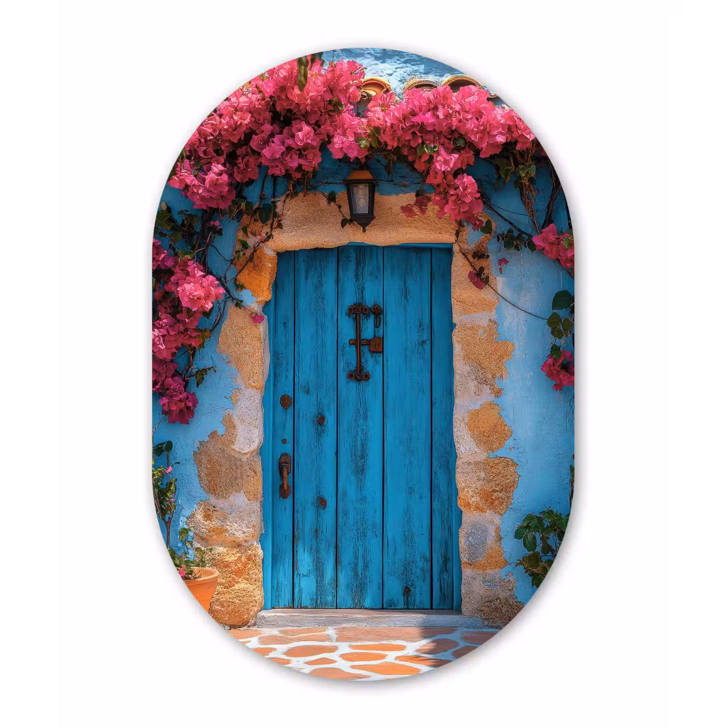 Deur - Hout - Bloemen - Blauw Wandcirkel Ovaal Aluminium middel -3d