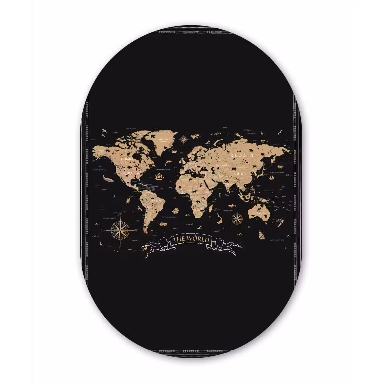 Wereldkaart - Beige - Zwart Wandcirkel Ovaal Aluminium middel -3d