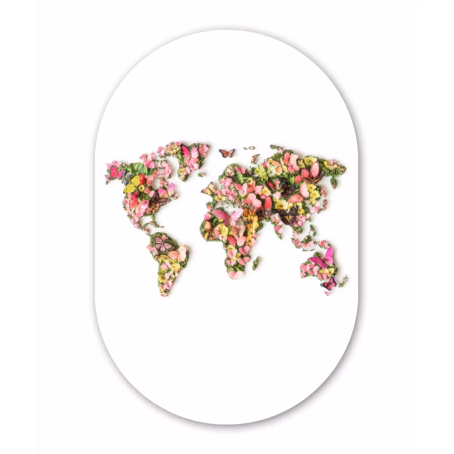 Wereldkaart - Bloemen - Felgekleurd Wandcirkel Ovaal Aluminium middel -3d
