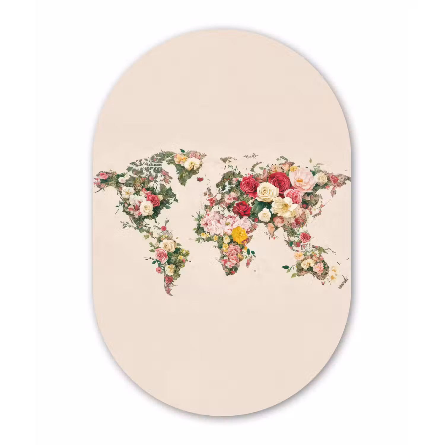 Wereldkaart - Bloemen - Roze Wandcirkel Ovaal Aluminium middel -3d