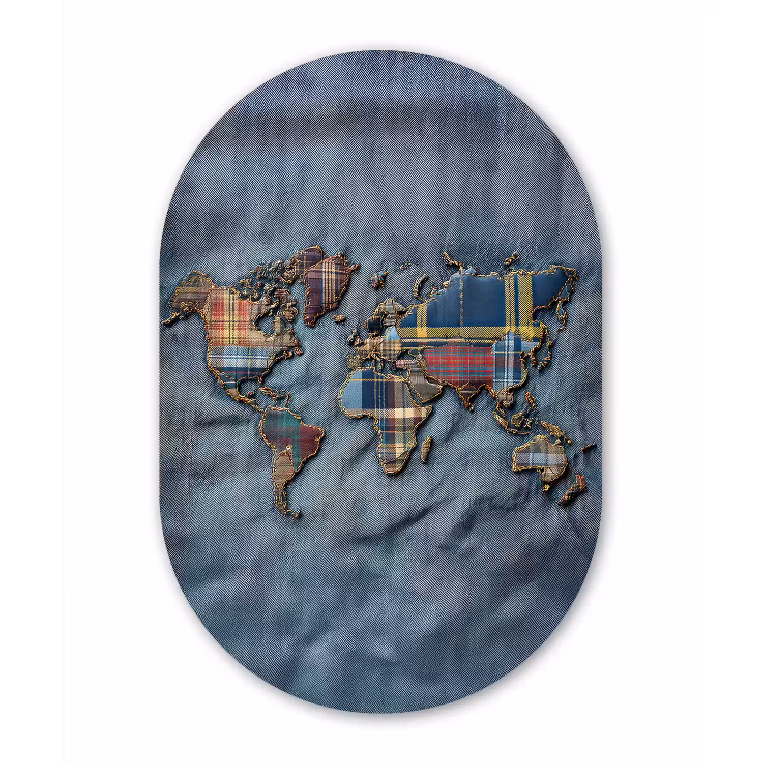 Wereldkaart - Denim - Textiel Wandcirkel Ovaal Aluminium middel -3d