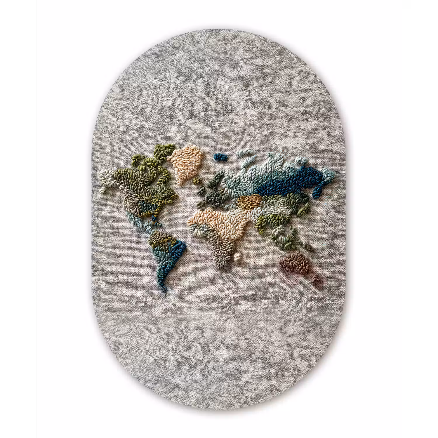 Wereldkaart - Geborduurd - Aardetinten Wandcirkel Ovaal Aluminium middel -3d
