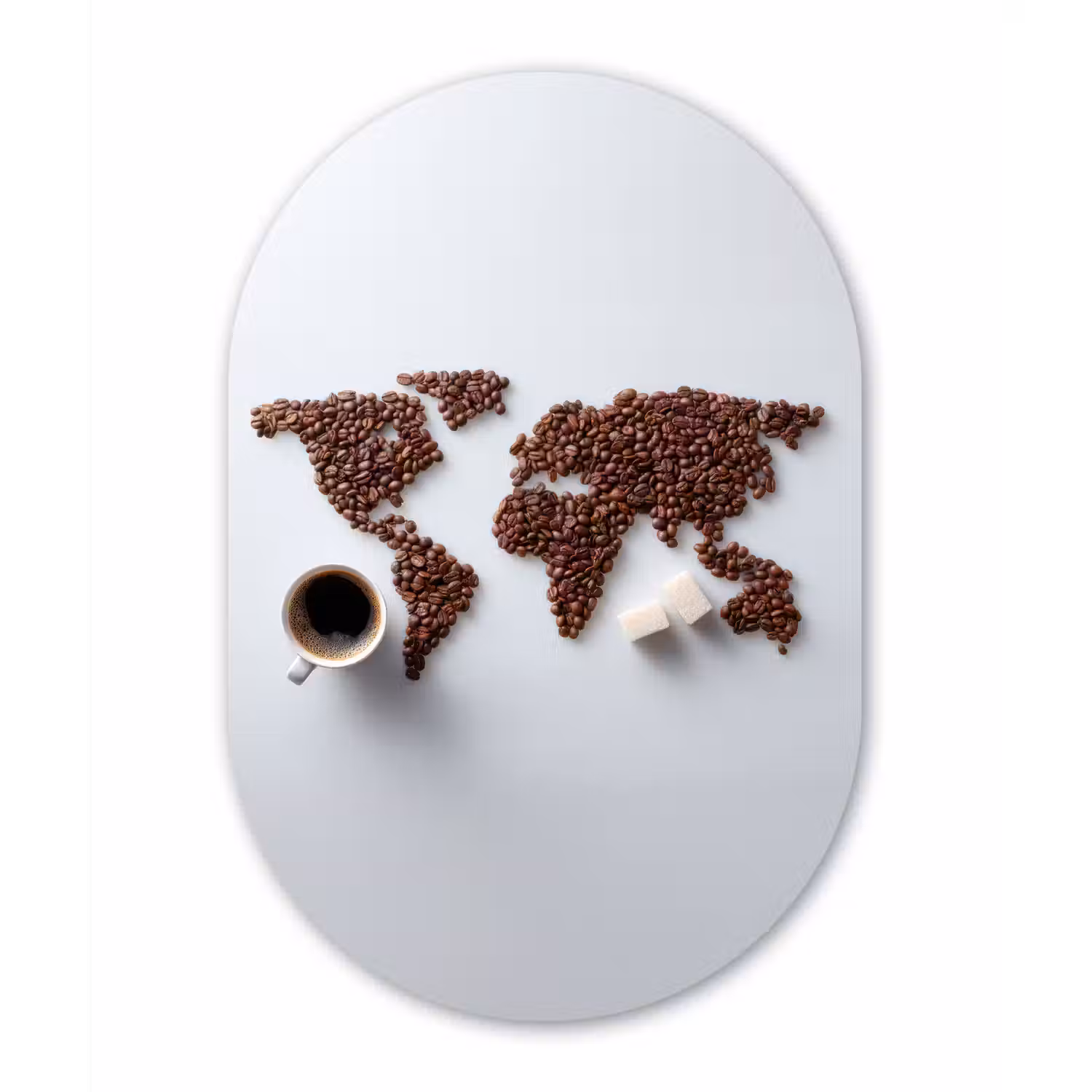 Wereldkaart - Koffiebonen - Suikerklontjes Wandcirkel Ovaal Aluminium middel -3d