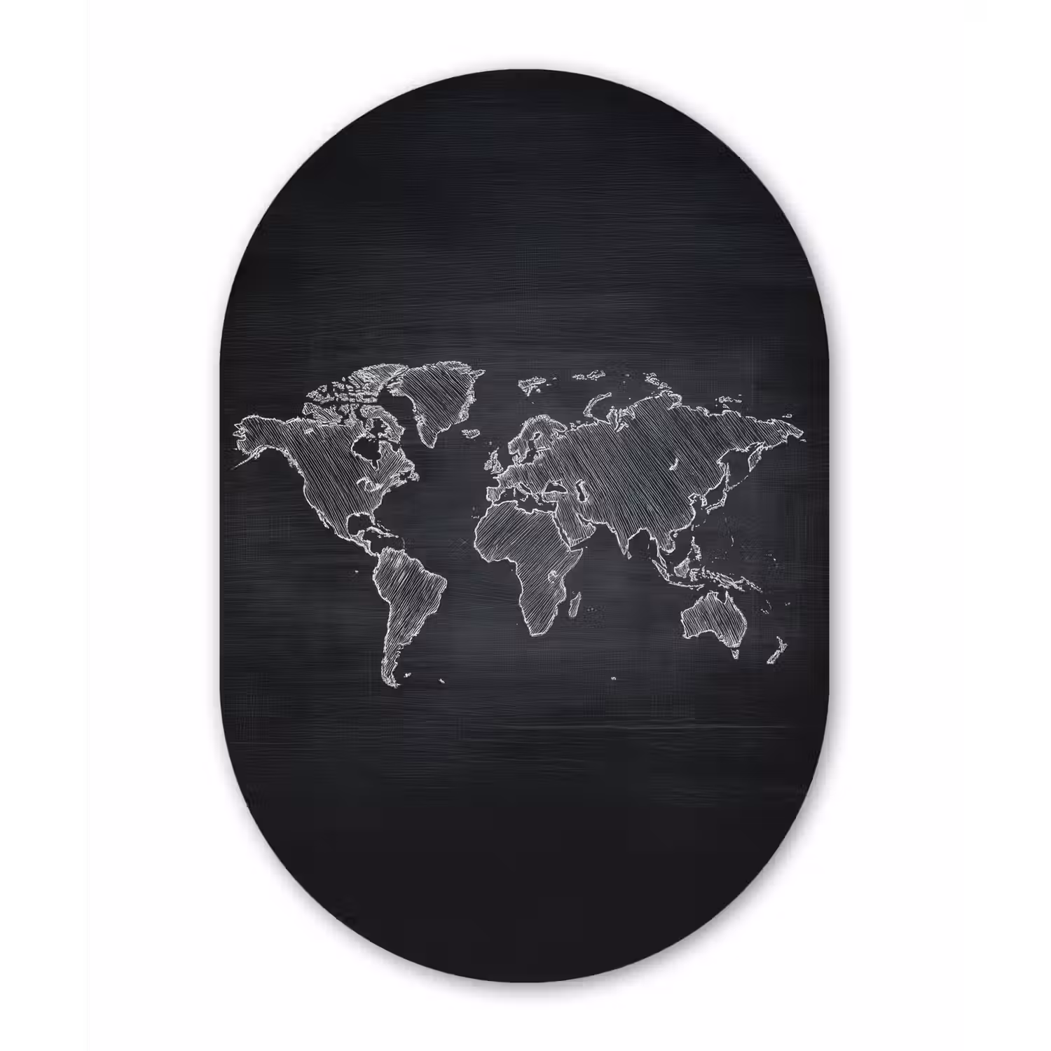 Wereldkaart - Krijt - Zwart - minimalistisch Wandcirkel Ovaal Aluminium middel -3d