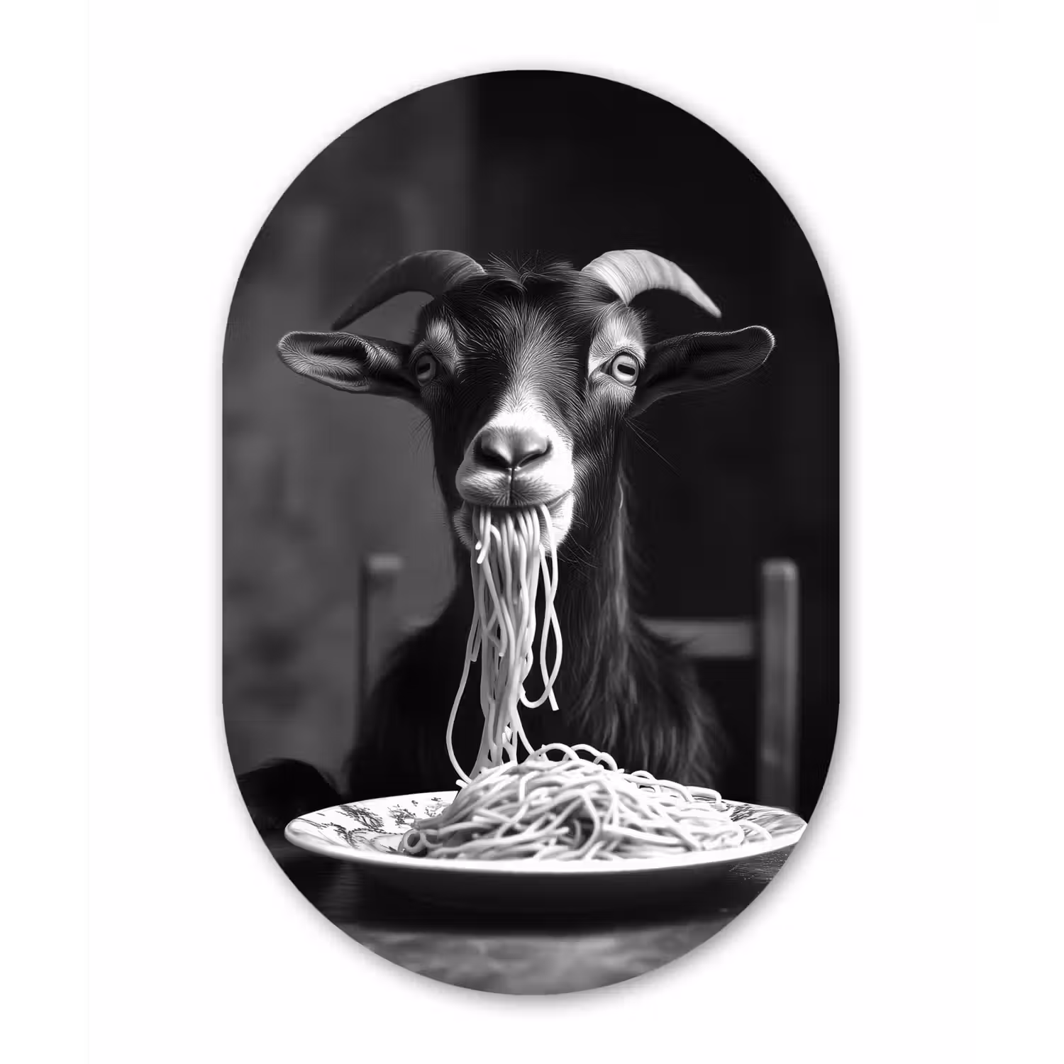 Geit - Bord - Spaghetti - Zwart Wit Wandcirkel Ovaal Aluminium middel -3d
