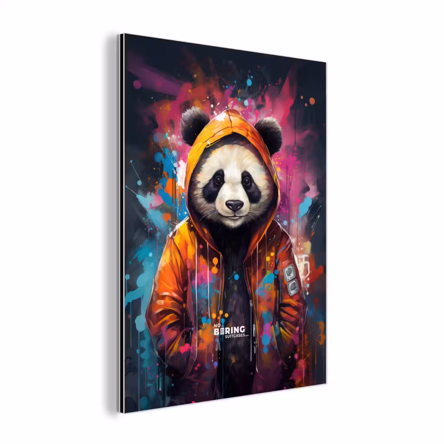 Panda met oranje jas en verfspetters aluminium wit klein -3d