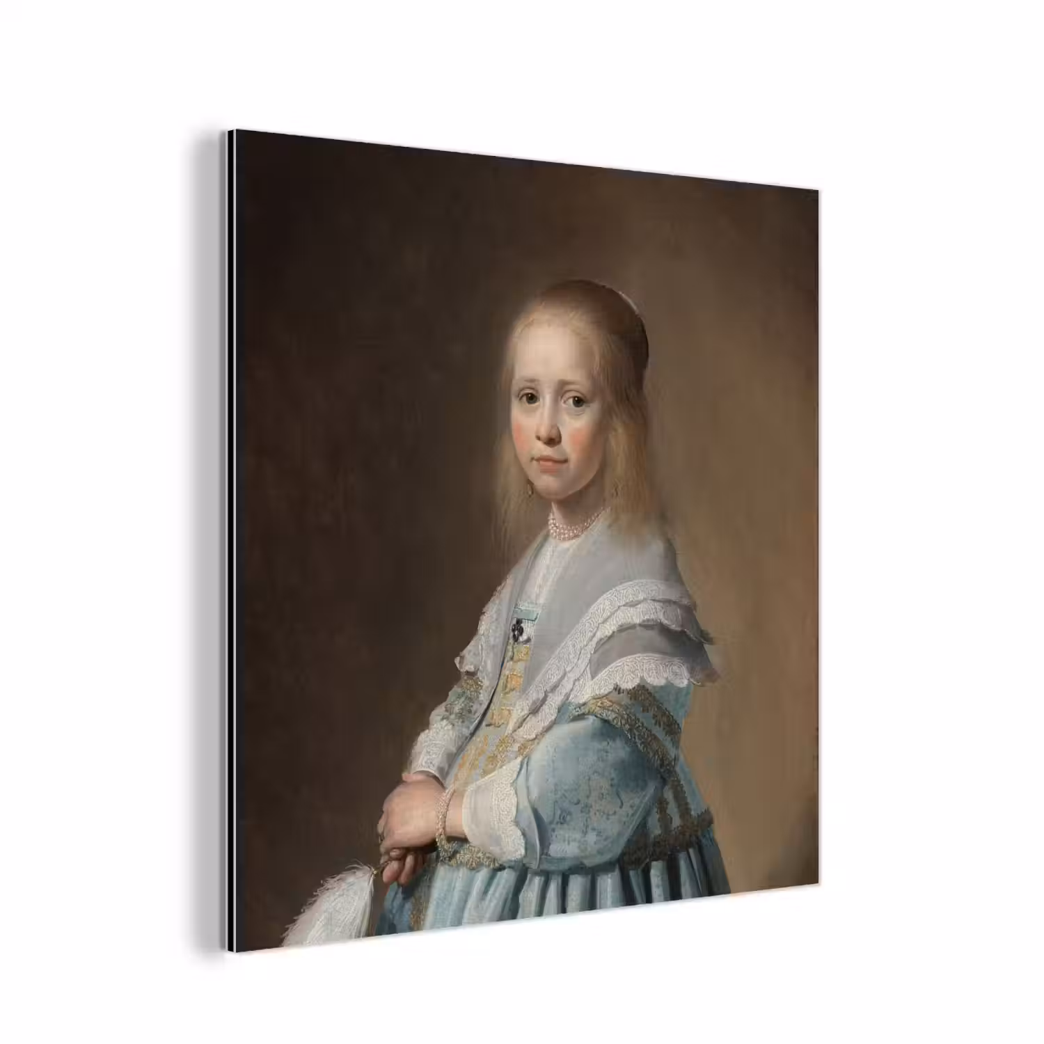 Portret van een meisje in het blauw - Schilderij van Johannes Cornelisz. Verspronck aluminium wit klein -3d