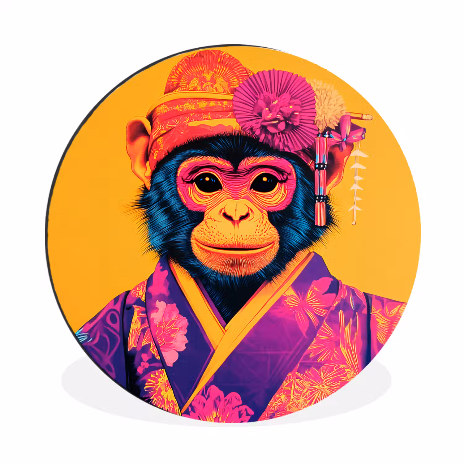 Aap - Kimono - Bloemen - Hoofdtooi Wandcirkel aluminium klein -3d