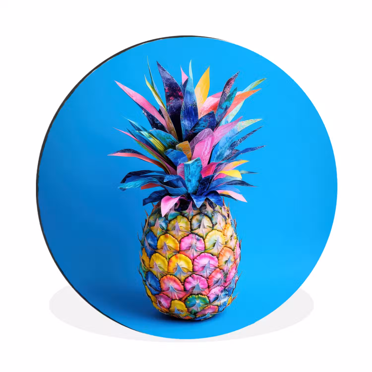 Ananas - Blauw - Tropisch - Vrolijk Wandcirkel aluminium klein -3d