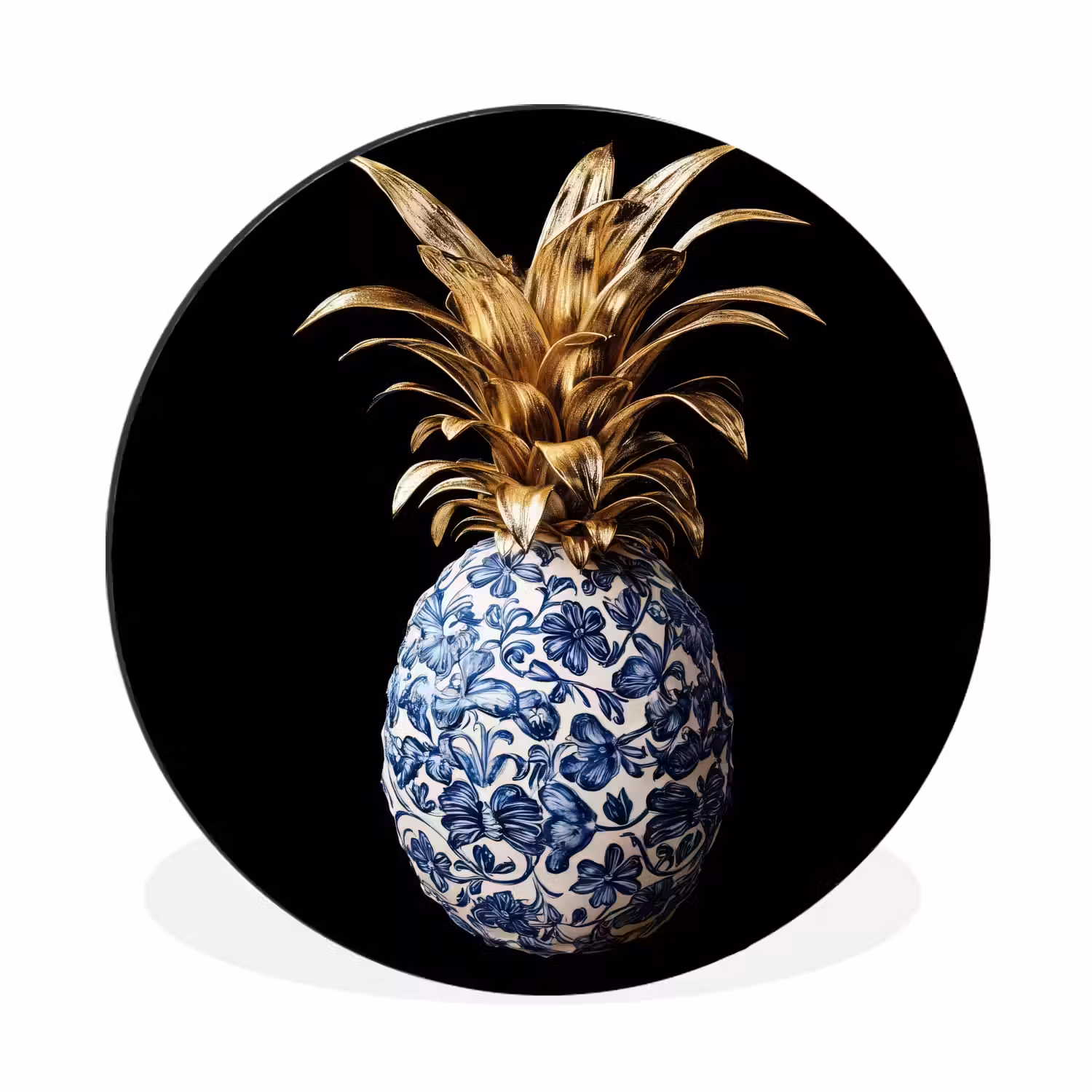 Ananas - Bloemen patroon - Goud - Delftsblauw Wandcirkel aluminium klein -3d