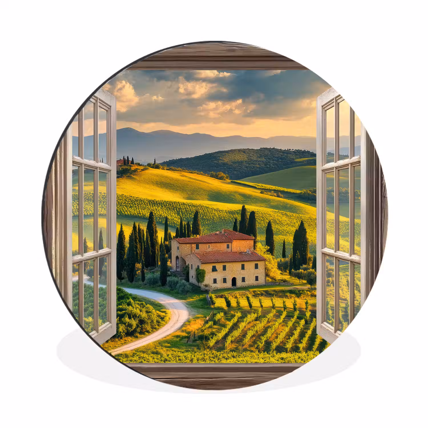 Doorkijk - Toscane - Uitzicht - Landschap - Zomer Wandcirkel aluminium klein -3d