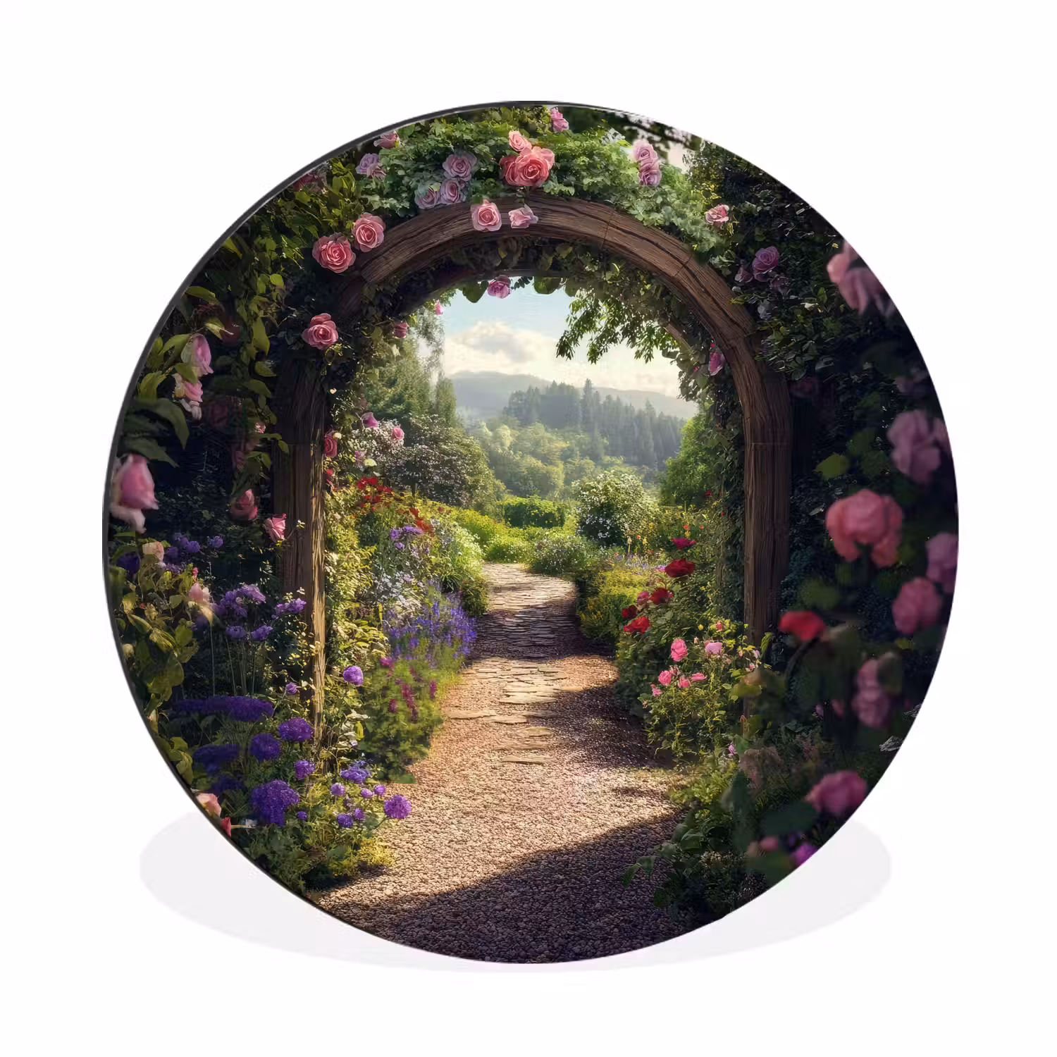 Doorkijk - Landschap - Bloemen - Rozenboog - Natuur Wandcirkel aluminium klein -3d
