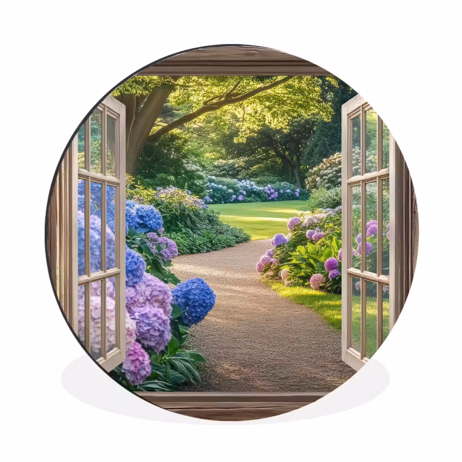 Doorkijk - Tuin - Raam - Hortensia - Bloemen Wandcirkel aluminium klein -3d